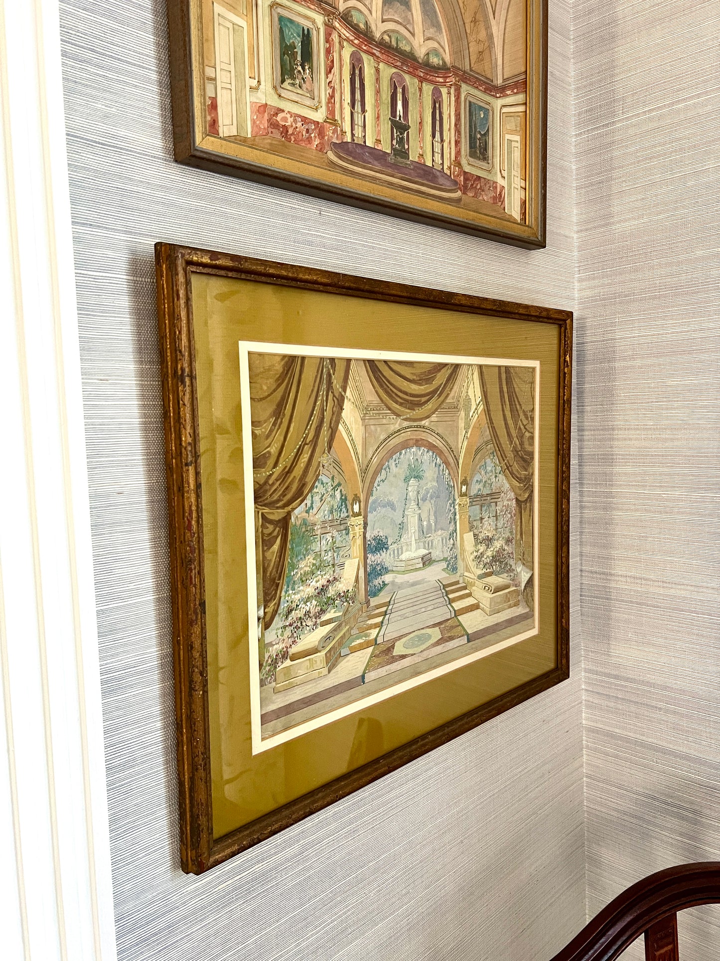 Early 20th C. Elaborate Art Deco Theatrical Set Design #2 Gouache Painting in Gilded Frame