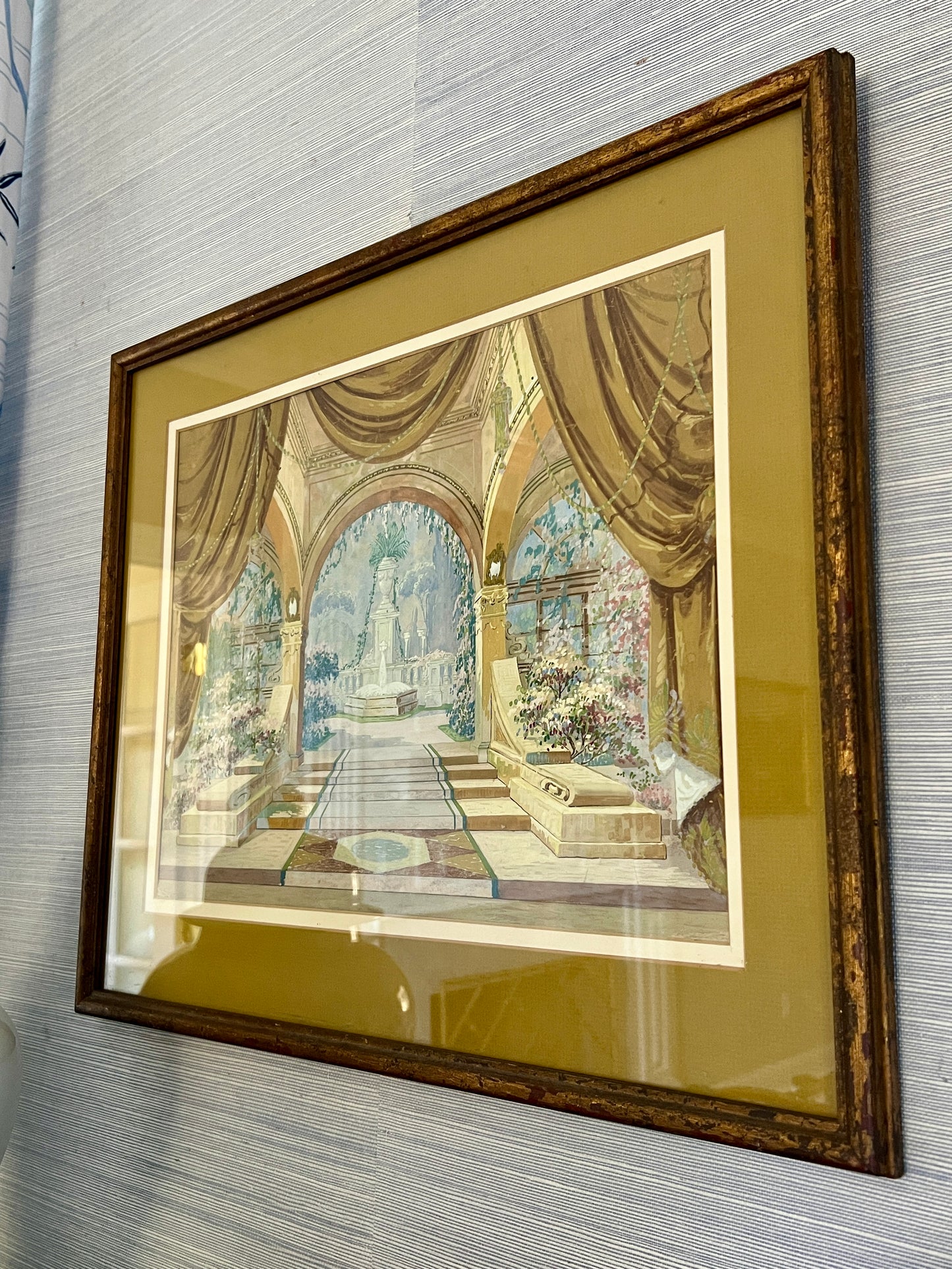 Early 20th C. Elaborate Art Deco Theatrical Set Design #2 Gouache Painting in Gilded Frame