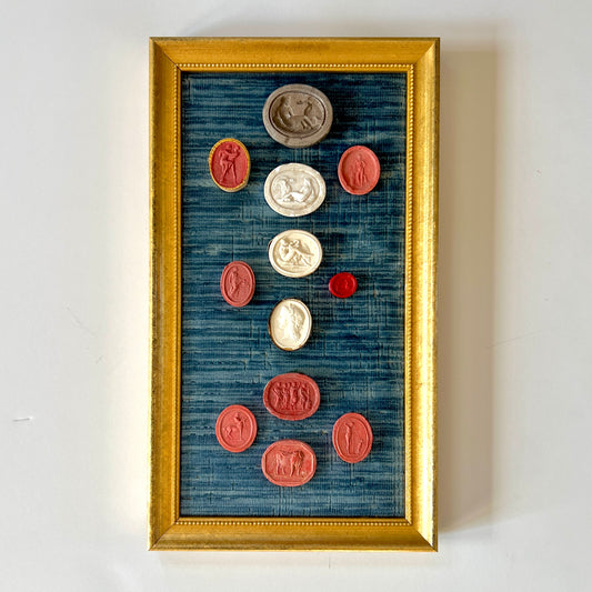 Collection of 19th Century Grand Tour Plaster and Red Sulfur Intaglios on Blue Velvet Gold Frame