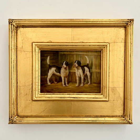 Early 20th Century English Pointer Hunting Dogs Portrait Oil on Board Painting in Gold Frame