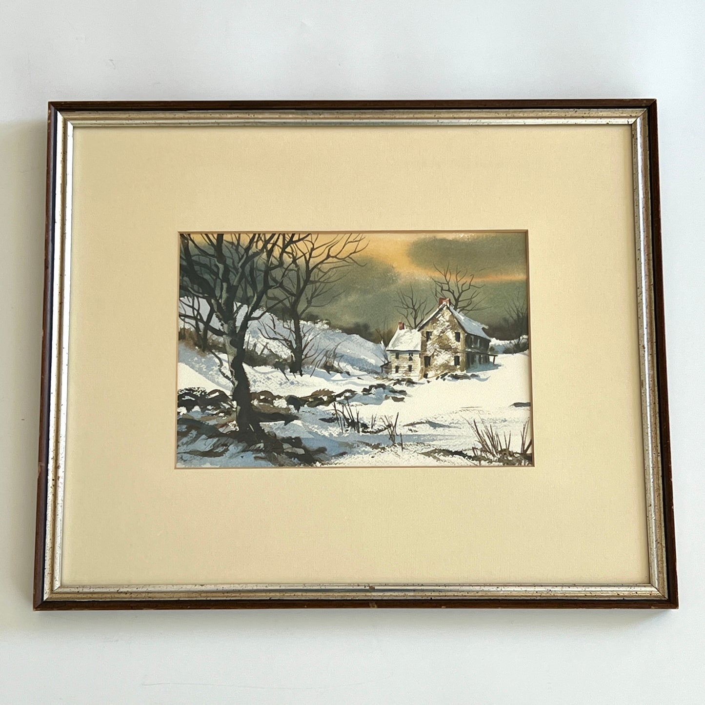 Jack Shaub Winter Watercolor Landscape Painting in Wood and Silver Gilt Frame