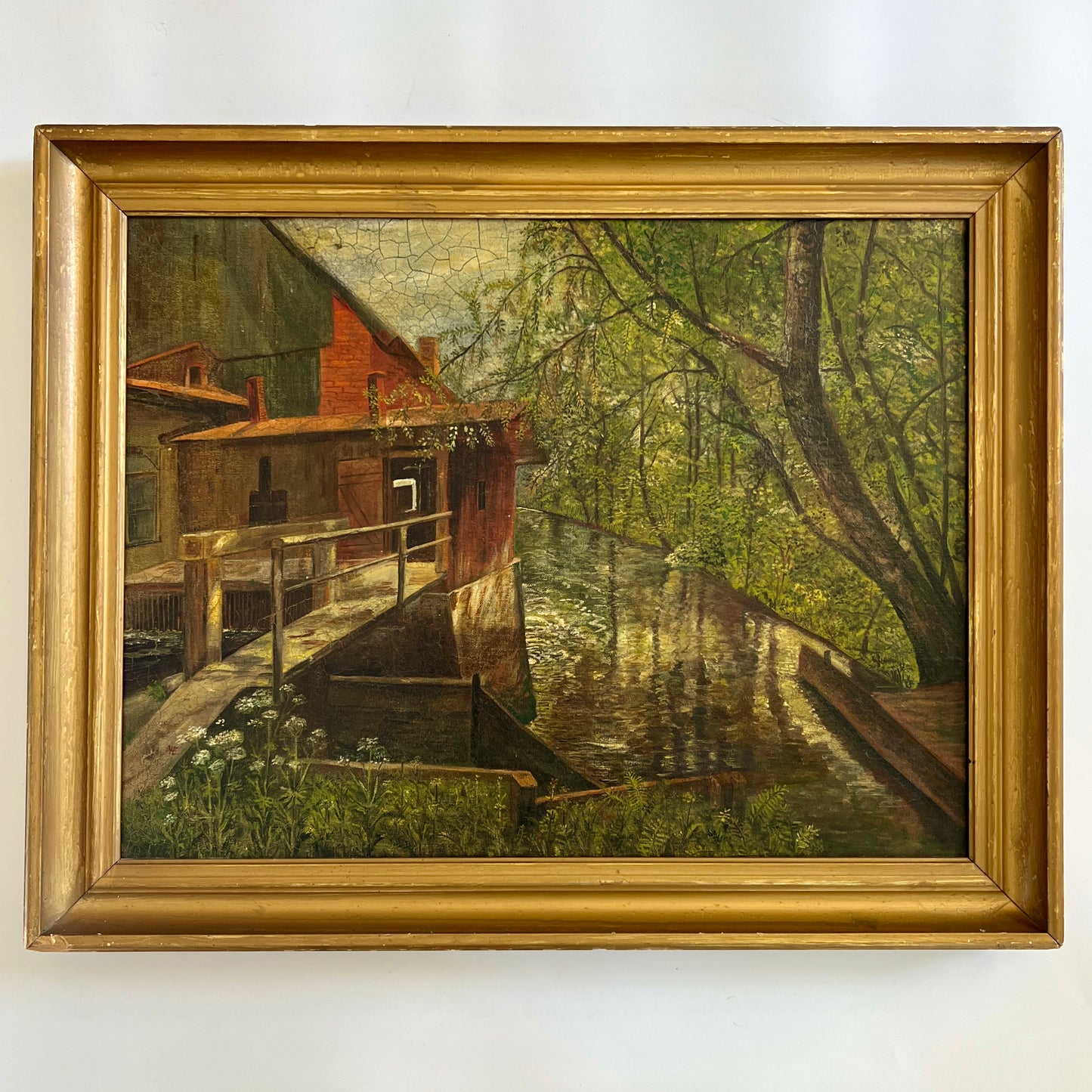 19th Century Riverside Red Barn Landscape Oil Painting in Original Frame