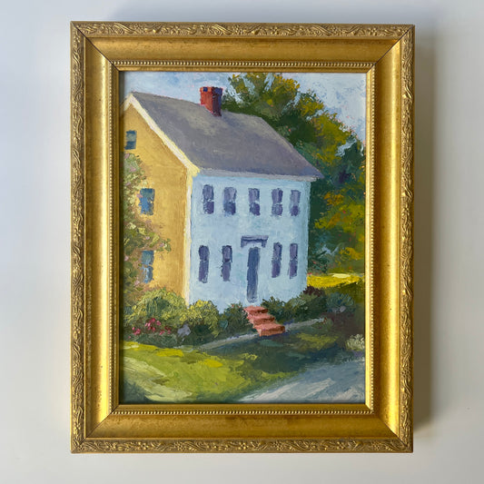 Vintage Yellow House on Main Street Impressionist Oil Painting in Gold Frame