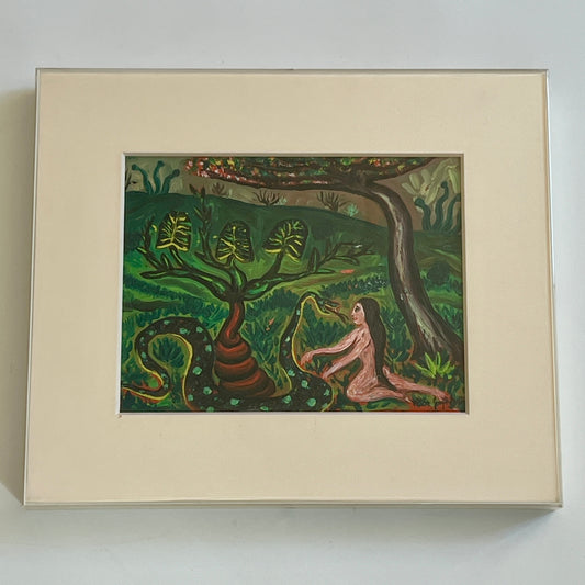 Vintage Eve and the Serpent in the Garden of Eden Folk Oil Painting in Acrylic Frame