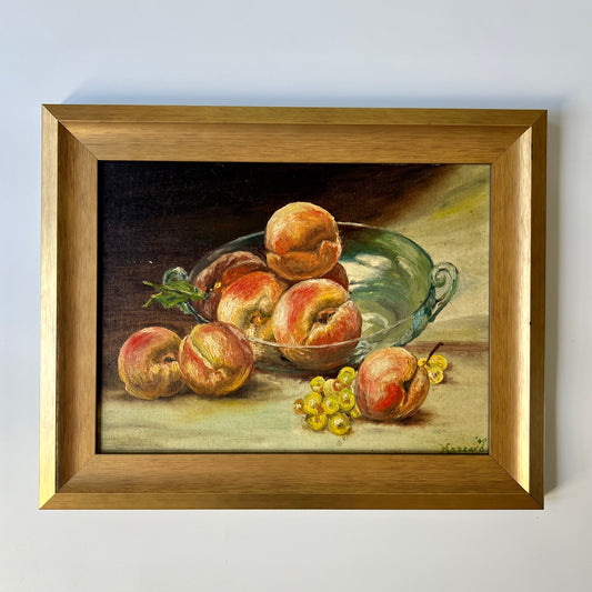 1940 Peaches in Blue - Green Glass Bowl Still Life Oil Painting in Gold Frame