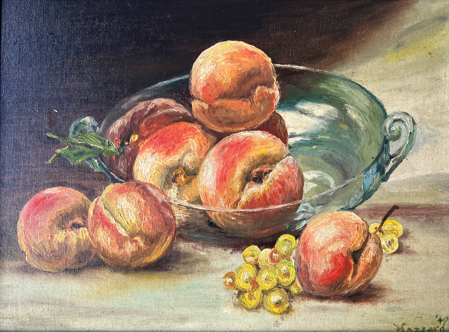 1940 Peaches in Blue - Green Glass Bowl Still Life Oil Painting in Gold Frame