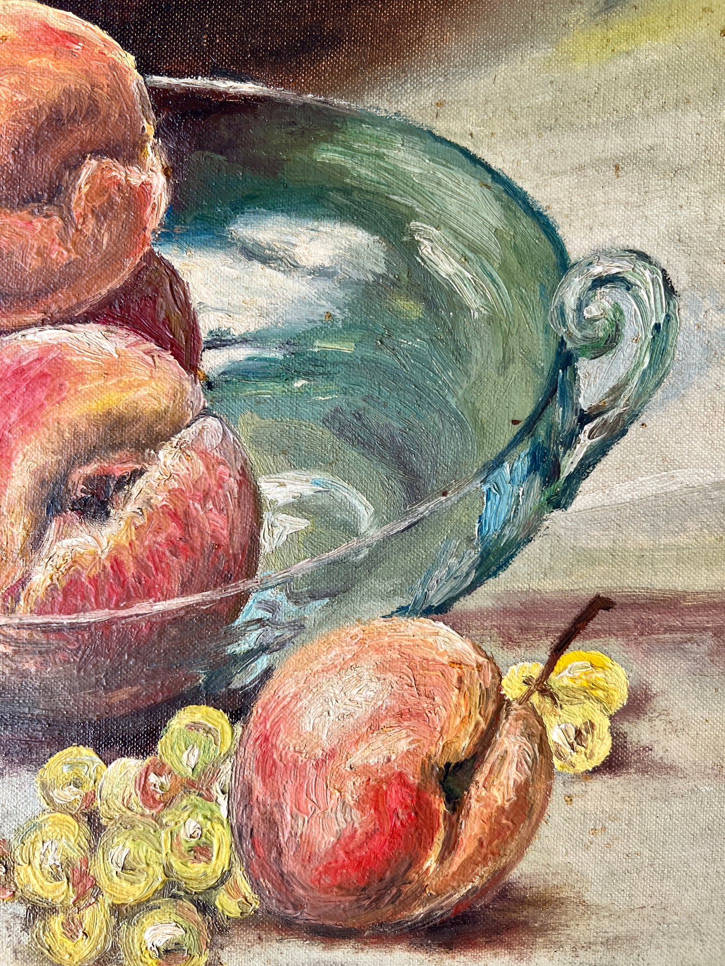 1940 Peaches in Blue - Green Glass Bowl Still Life Oil Painting in Gold Frame