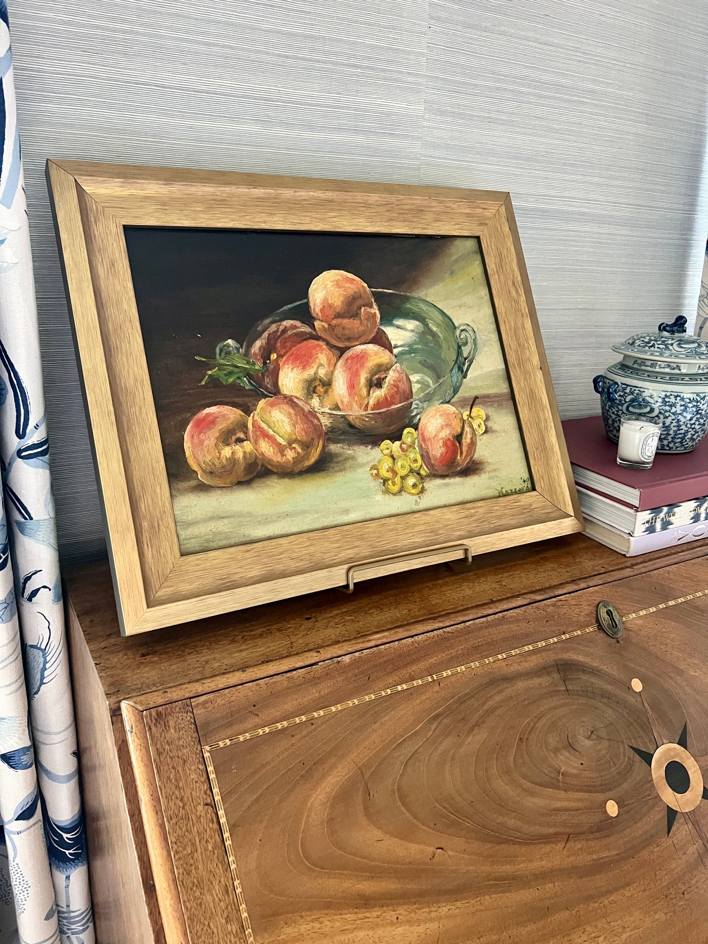 1940 Peaches in Blue - Green Glass Bowl Still Life Oil Painting in Gold Frame