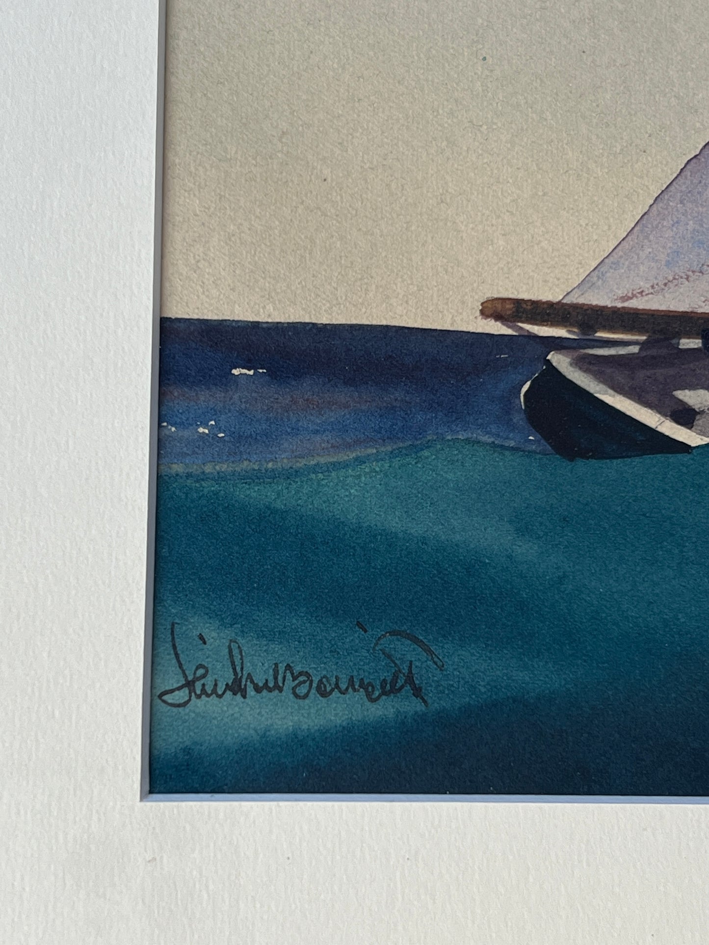 Sandor Bernath (American, 1892-1984) Watercolor Painting of Sailboat with American Flag in Silver Frame