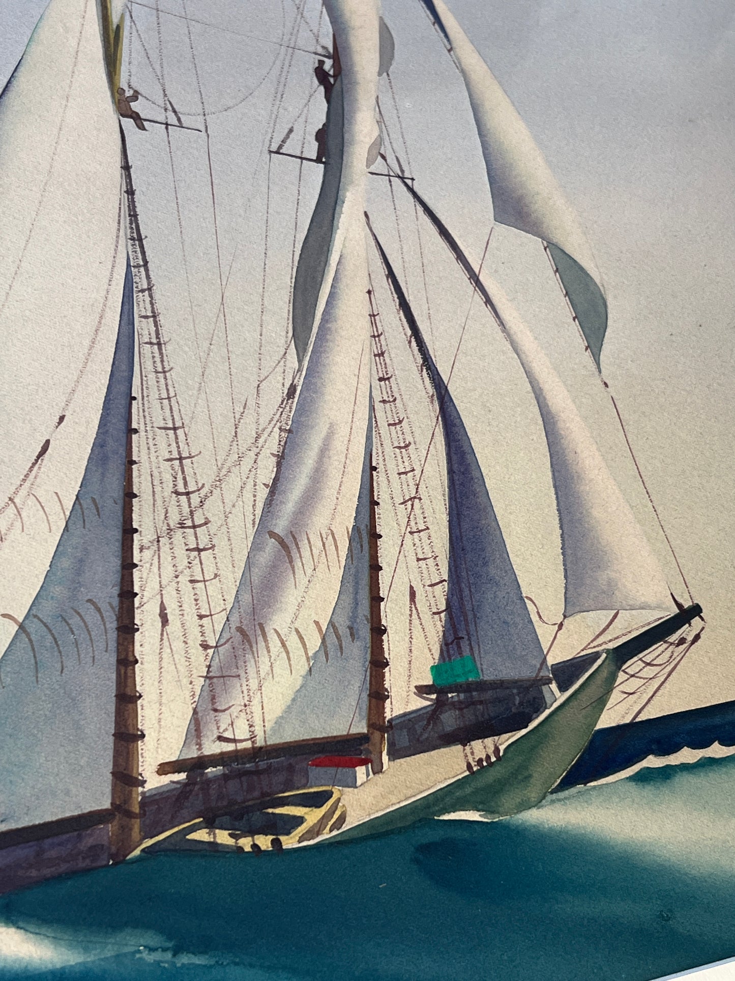 Sandor Bernath (American, 1892-1984) Watercolor Painting of Sailboat with American Flag in Silver Frame