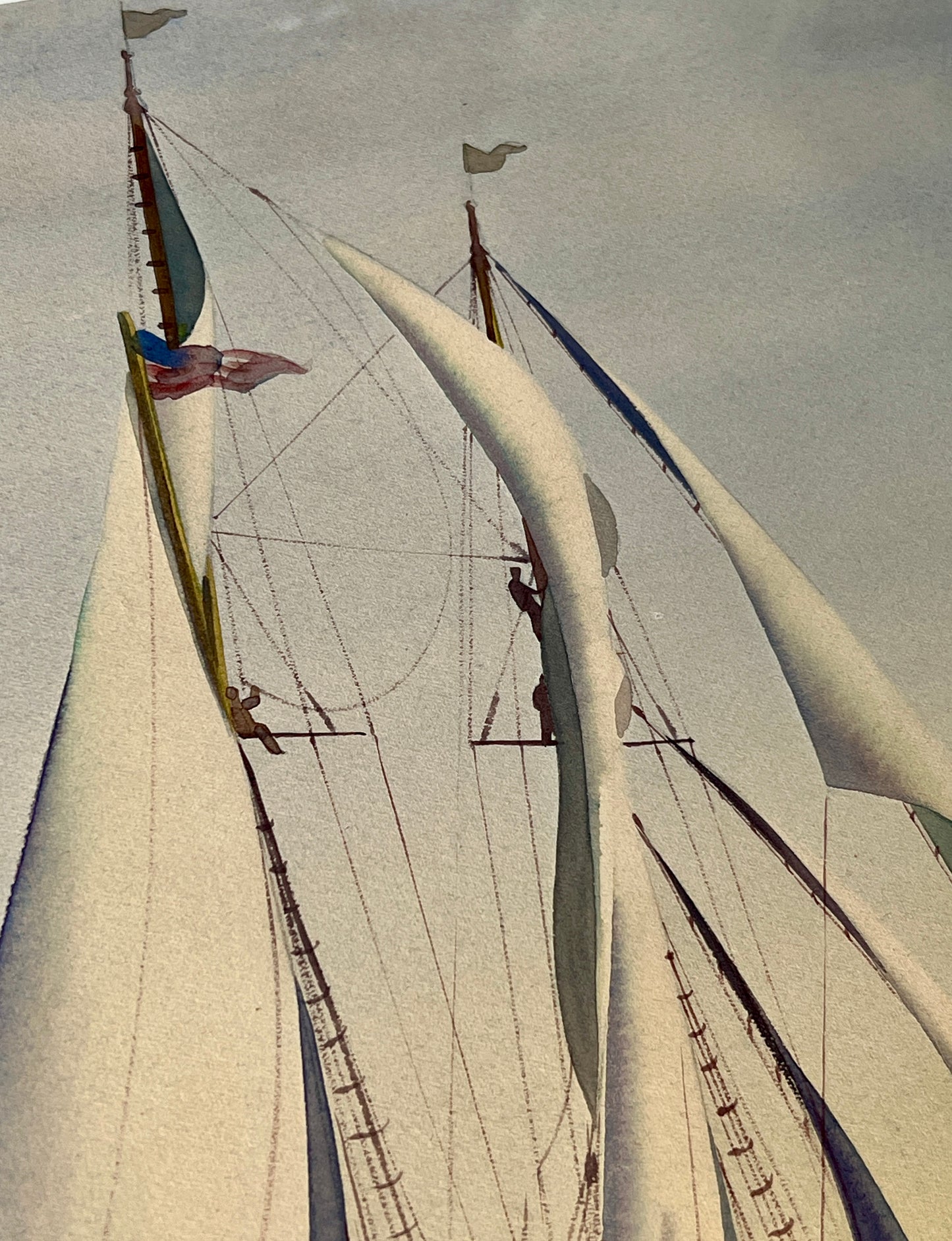 Sandor Bernath (American, 1892-1984) Watercolor Painting of Sailboat with American Flag in Silver Frame