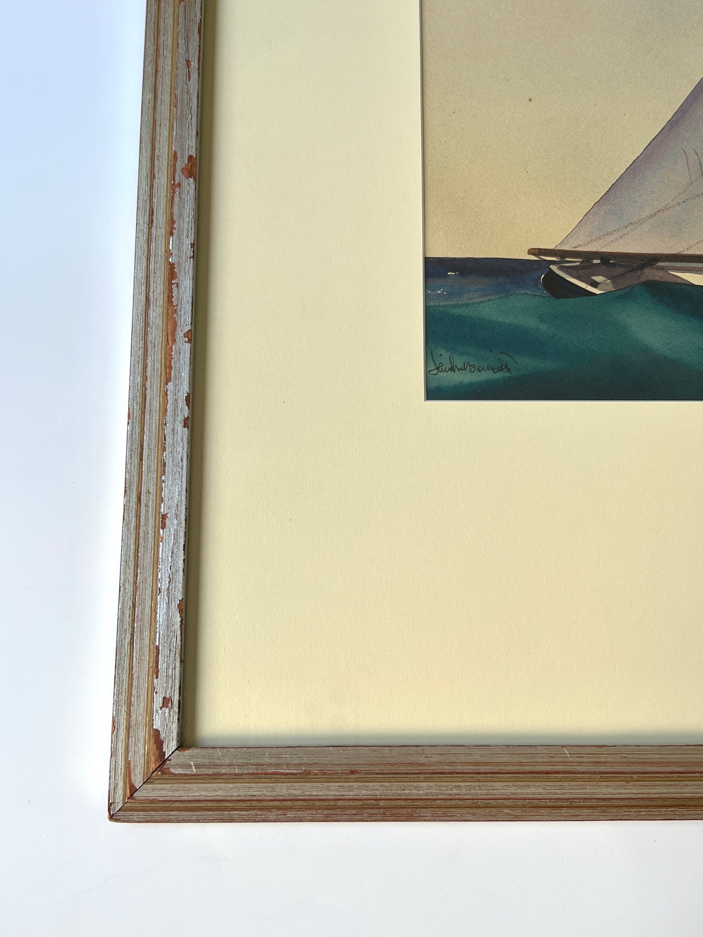 Sandor Bernath (American, 1892-1984) Watercolor Painting of Sailboat with American Flag in Silver Frame