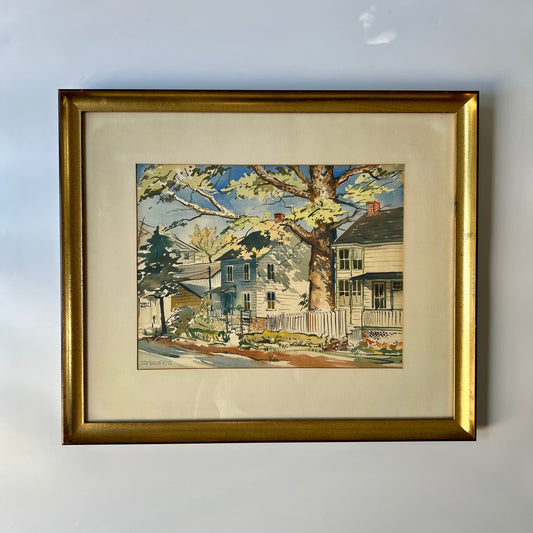 Vintage Small Town Houses Under a Sycamore Tree Watercolor Painting in Gold Frame