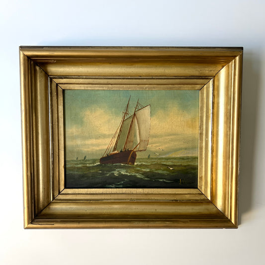 19th Century Sailboat Under Blue Skies Oil Painting in Original Gold Frame