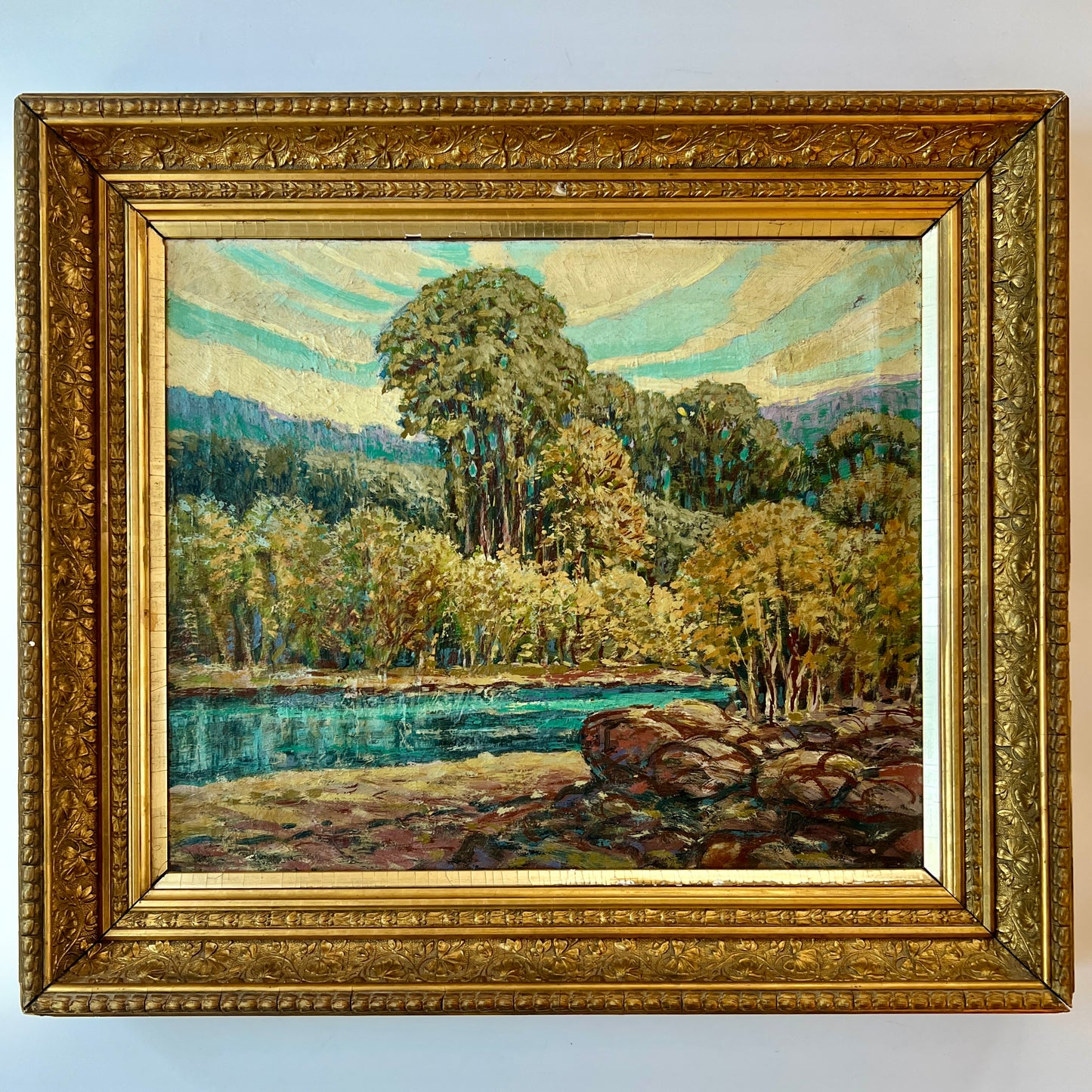 Early 20th C. Impressionist Landscape Oil Painting in Ornate Gold Frame