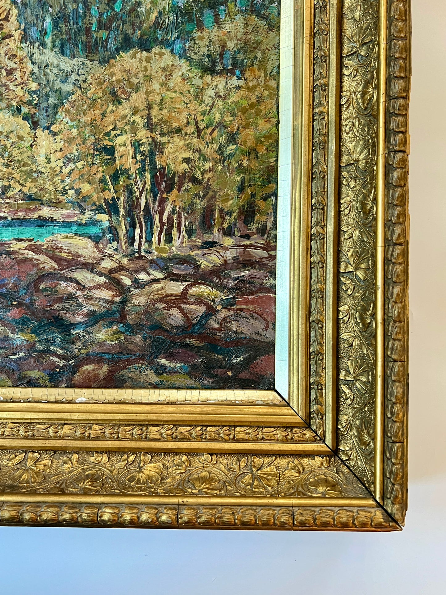 Early 20th C. Impressionist Landscape Oil Painting in Ornate Gold Frame