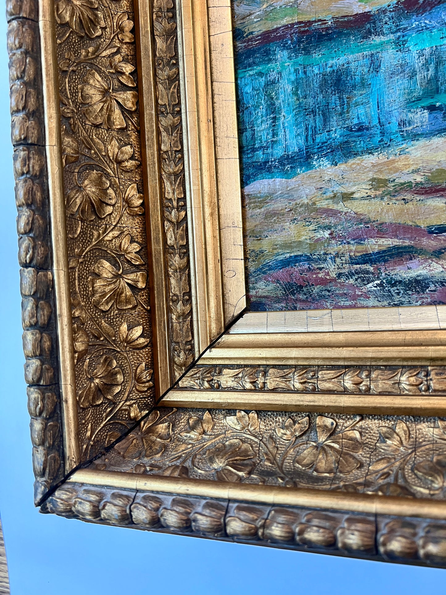 Early 20th C. Impressionist Landscape Oil Painting in Ornate Gold Frame