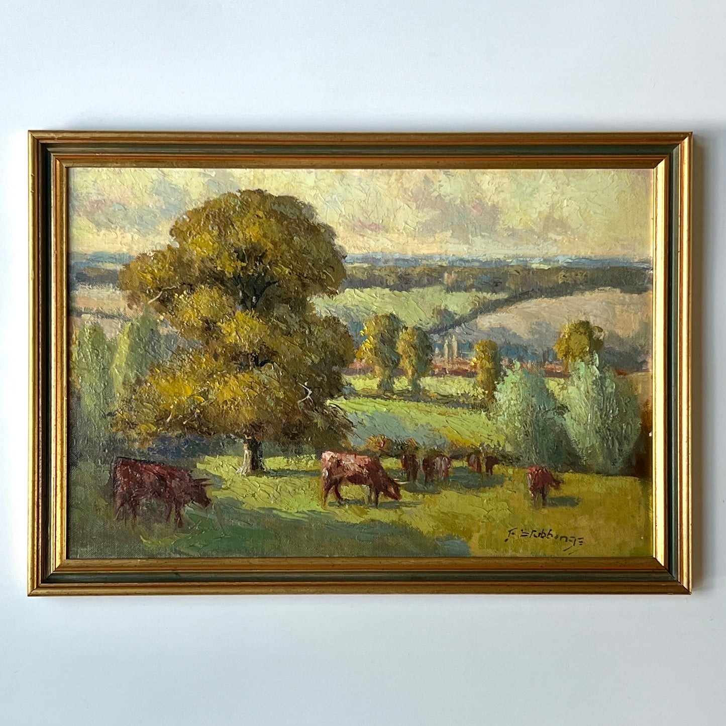 Early 20th c. Fred Stubbings (1900-1956) Impressionist Cows on a Hillside Oil in Green Gold Frame