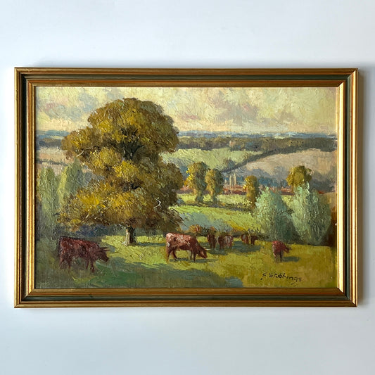 Early 20th c. Fred Stubbings (1900-1956) Impressionist Cows on a Hillside Oil in Green Gold Frame