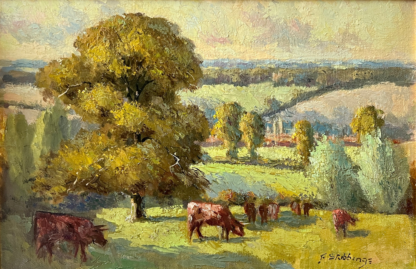 Early 20th c. Fred Stubbings (1900-1956) Impressionist Cows on a Hillside Oil in Green Gold Frame