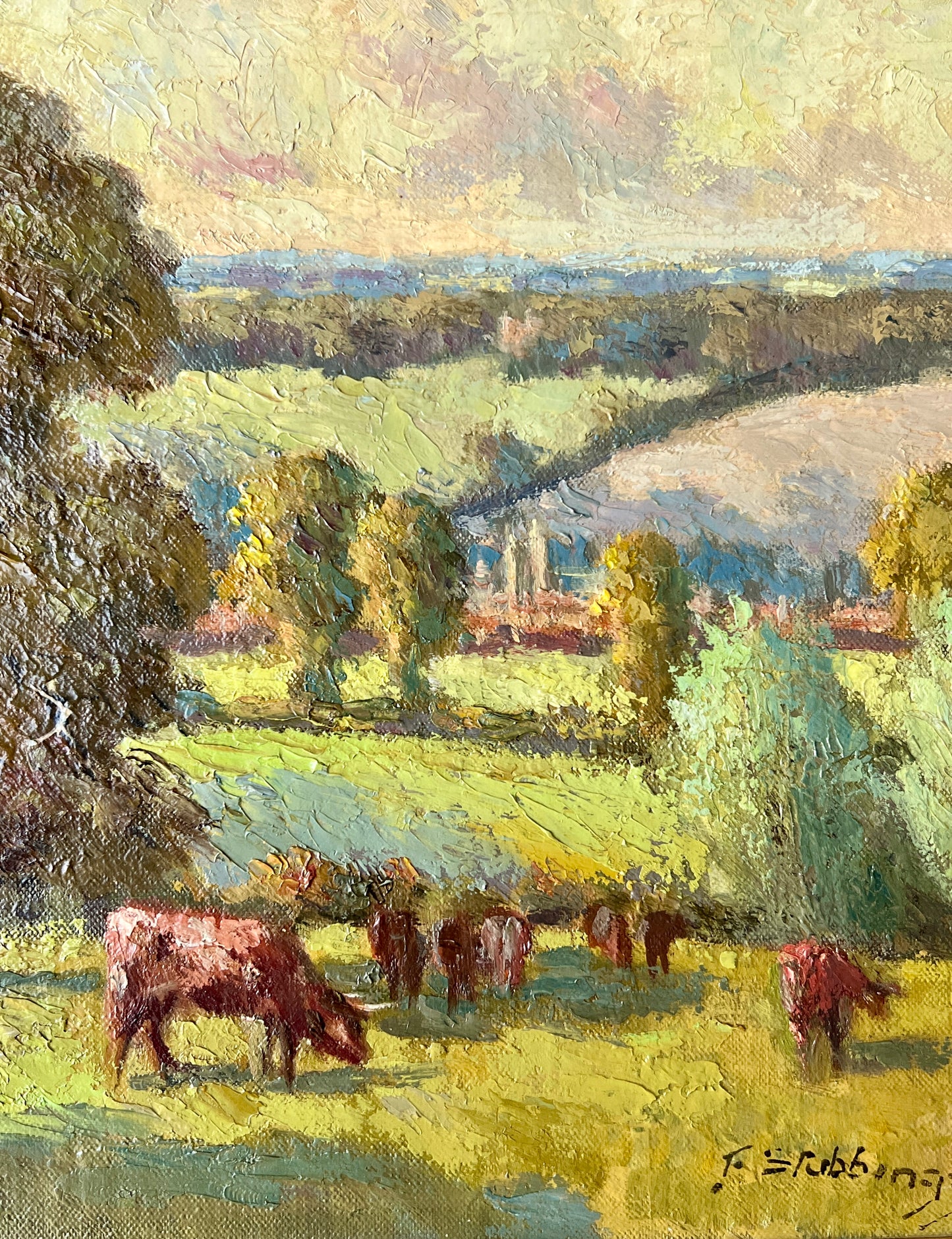 Early 20th c. Fred Stubbings (1900-1956) Impressionist Cows on a Hillside Oil in Green Gold Frame