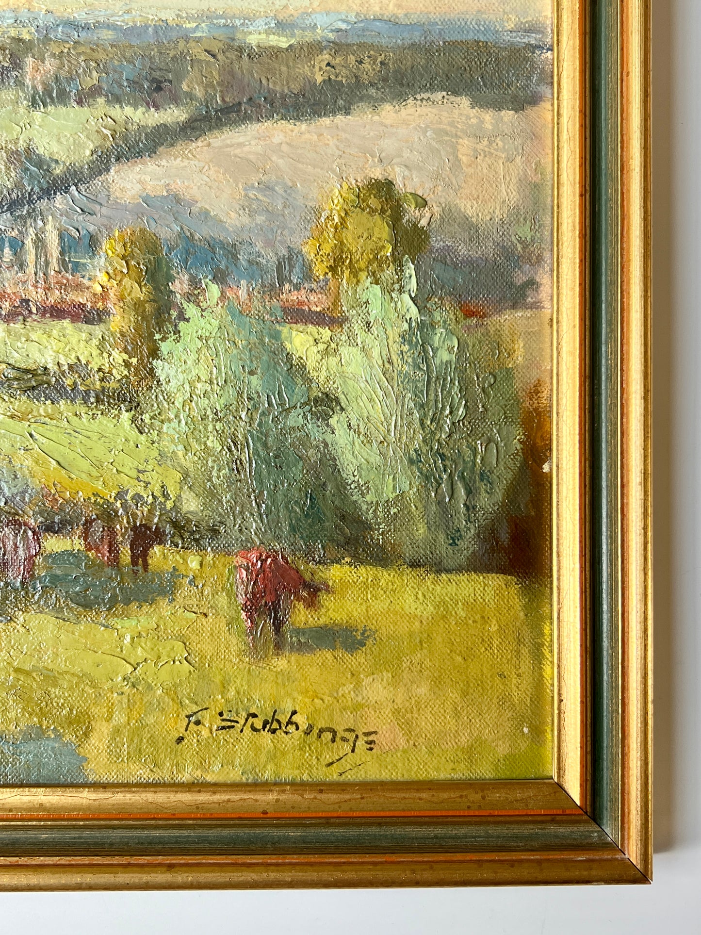 Early 20th c. Fred Stubbings (1900-1956) Impressionist Cows on a Hillside Oil in Green Gold Frame