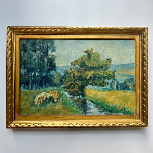 20th C. Impressionist Horses Grazing on Summer Day Oil Painting in Scalloped Gold Frame