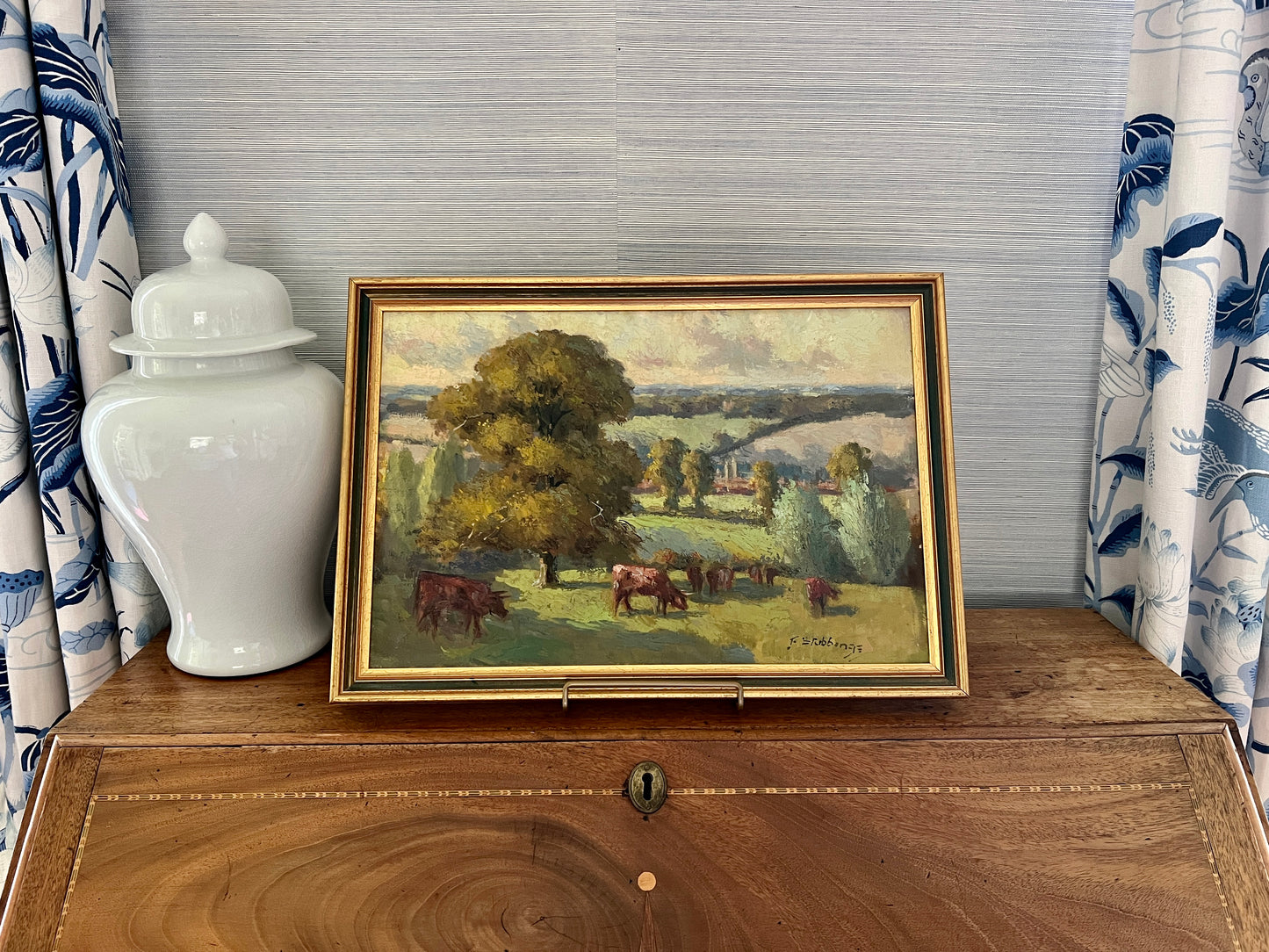 Early 20th c. Fred Stubbings (1900-1956) Impressionist Cows on a Hillside Oil in Green Gold Frame