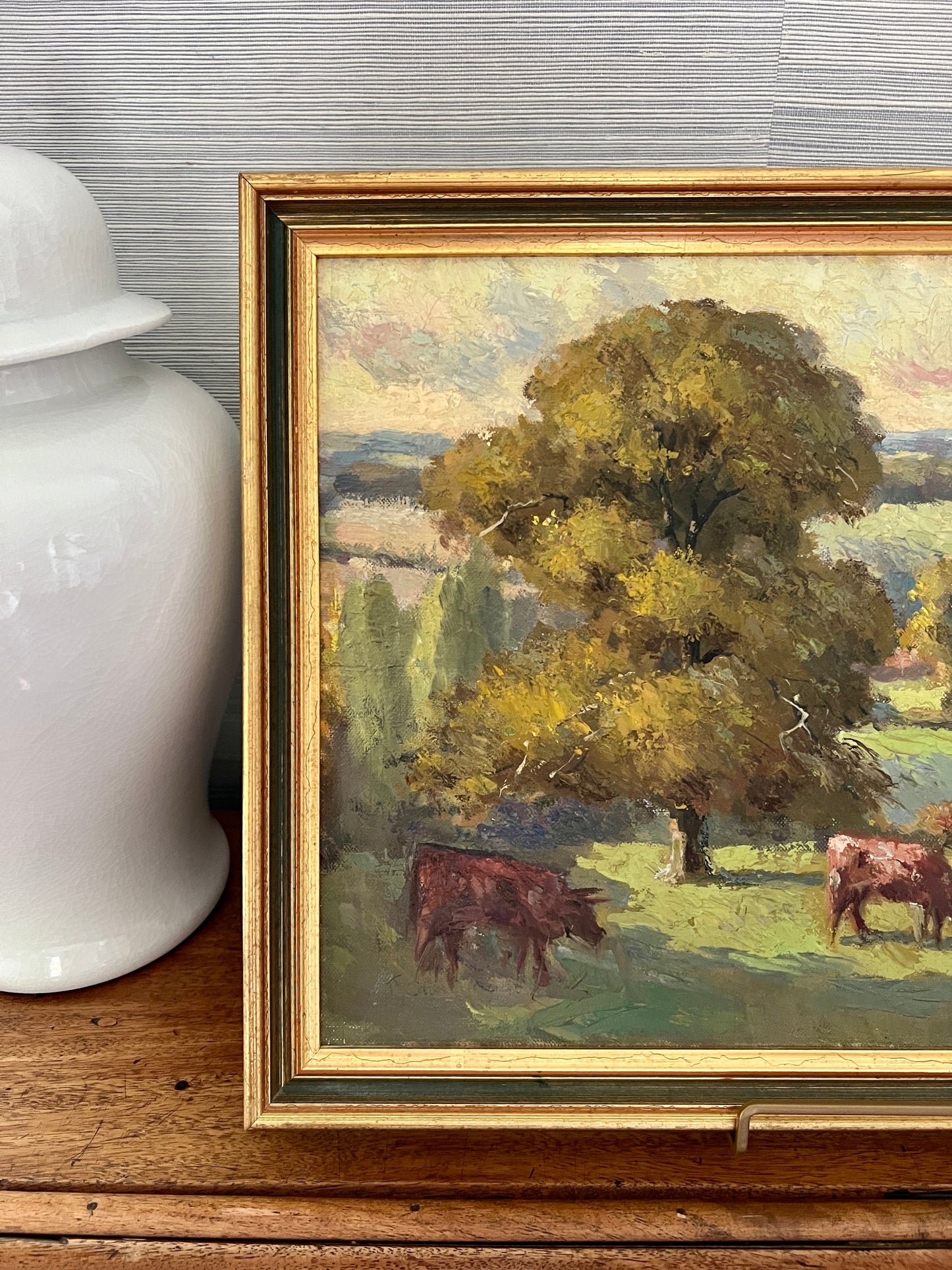 Early 20th c. Fred Stubbings (1900-1956) Impressionist Cows on a Hillside Oil in Green Gold Frame