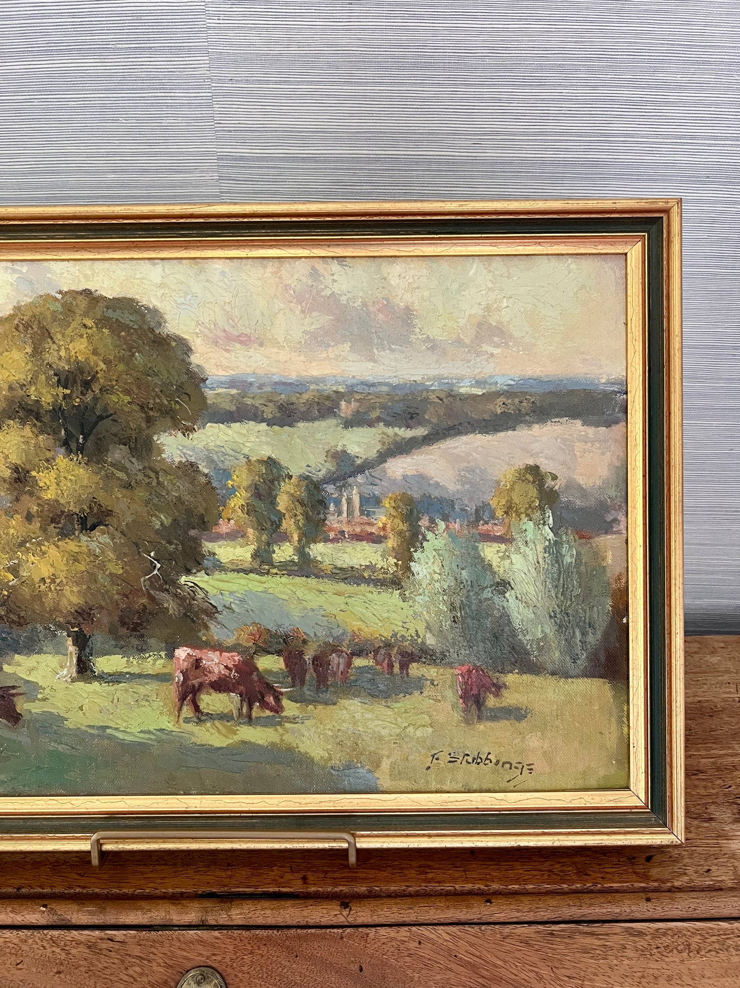 Early 20th c. Fred Stubbings (1900-1956) Impressionist Cows on a Hillside Oil in Green Gold Frame