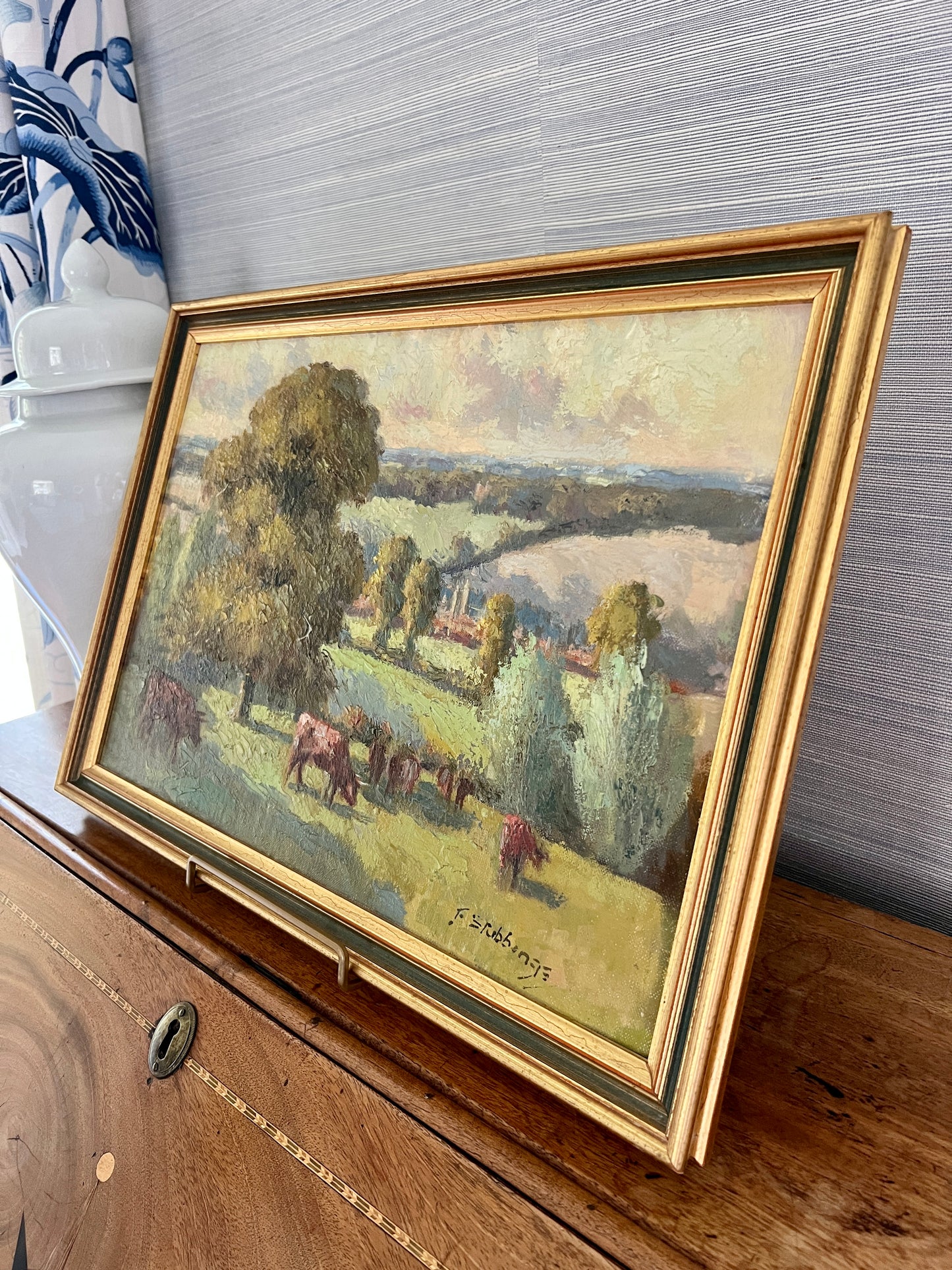 Early 20th c. Fred Stubbings (1900-1956) Impressionist Cows on a Hillside Oil in Green Gold Frame