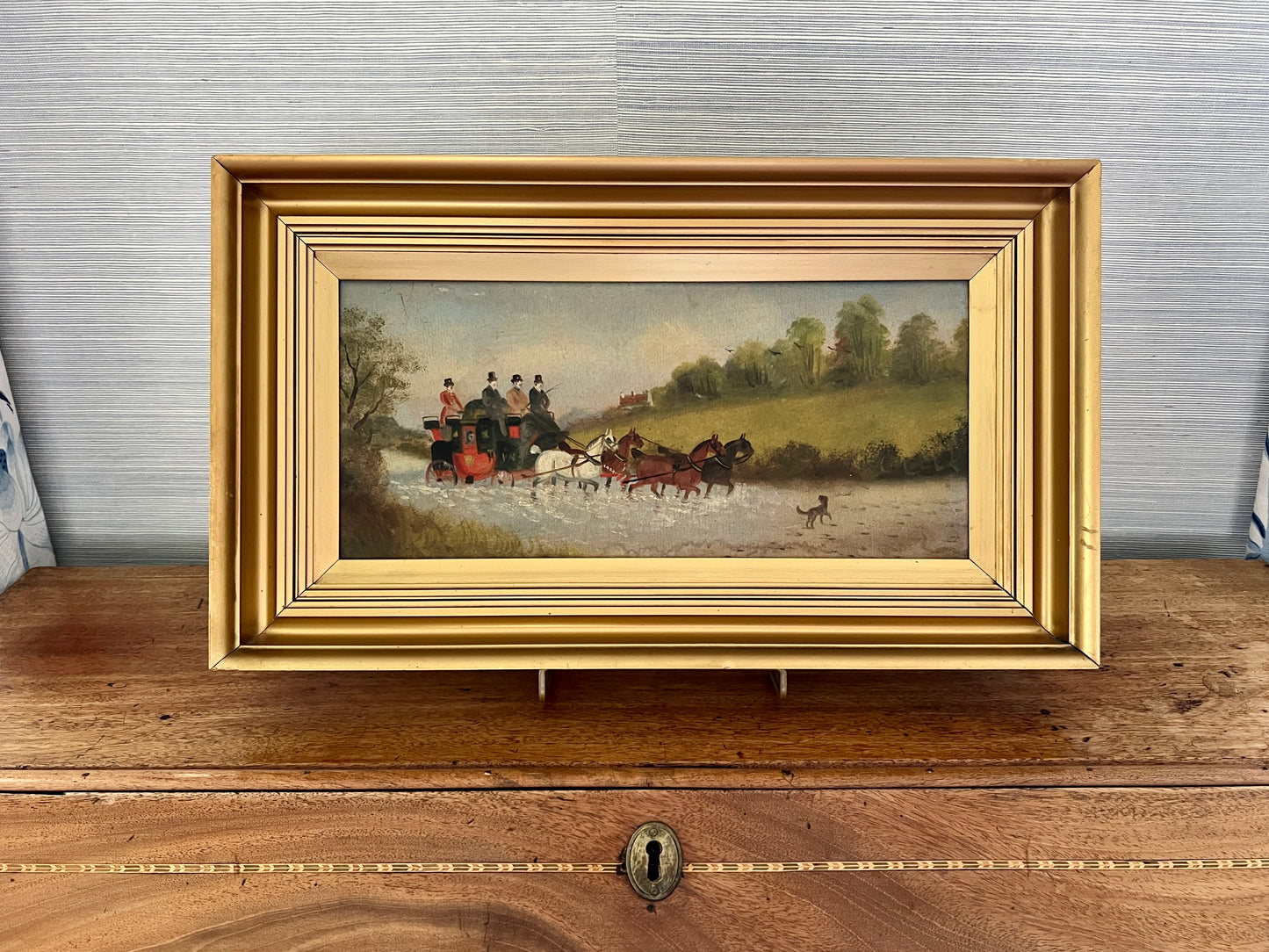 Philip H. Rideout (British, 1850-1920) Horse and Carriage Puddle Jump Oil Painting in Gold Frame