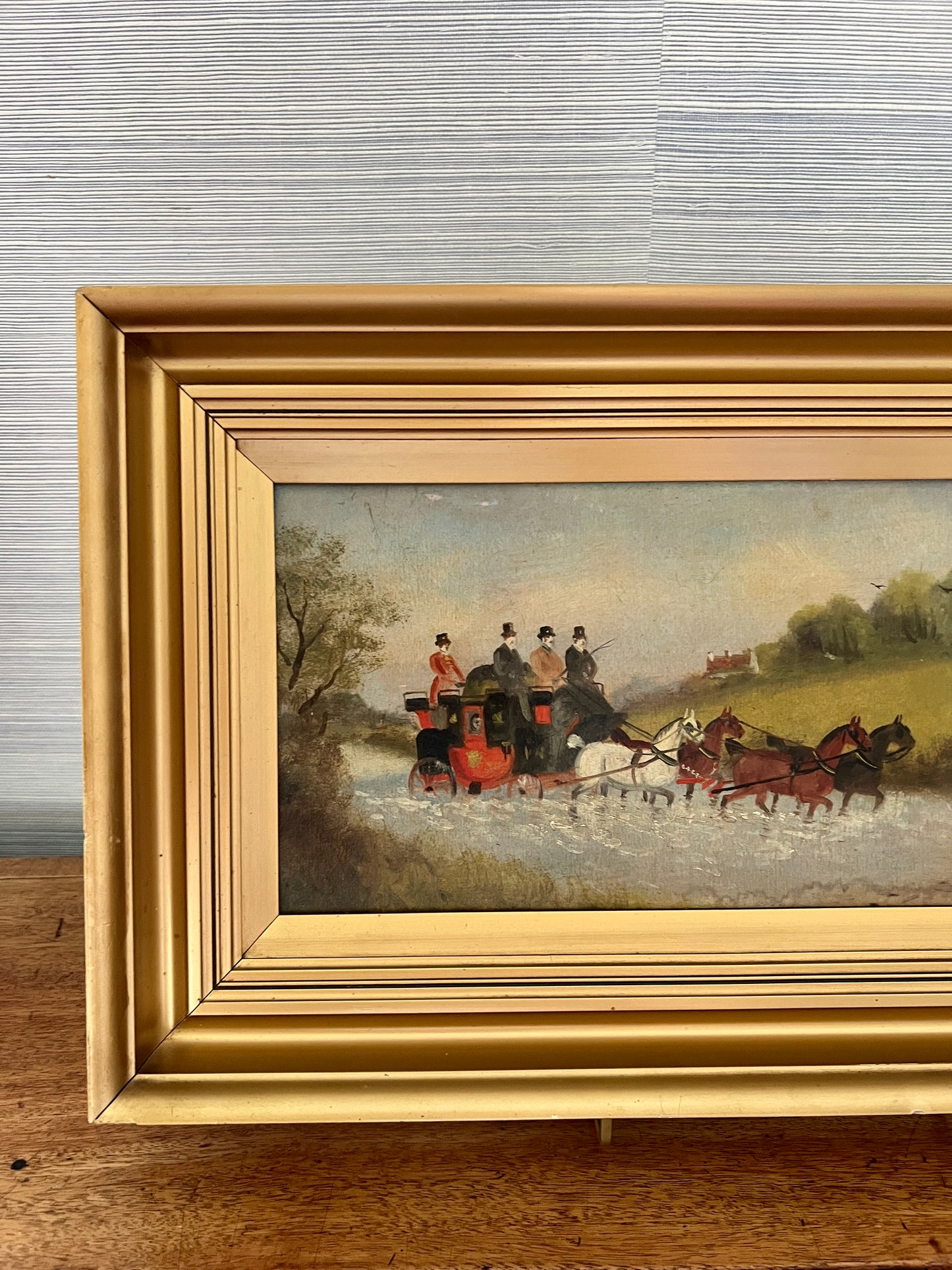 Philip H. Rideout (British, 1850-1920) Horse and Carriage Puddle Jump Oil Painting in Gold Frame