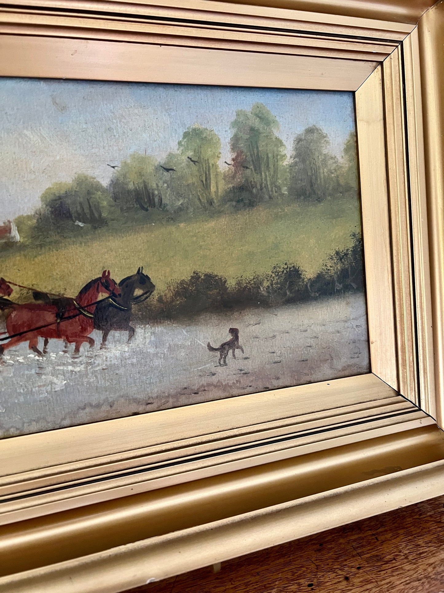 Philip H. Rideout (British, 1850-1920) Horse and Carriage Puddle Jump Oil Painting in Gold Frame