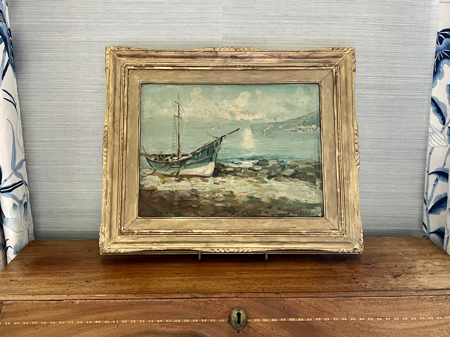 Late 19th Century Impressionist Blue Fishing Boat Seascape Oil Painting in Gold Frame