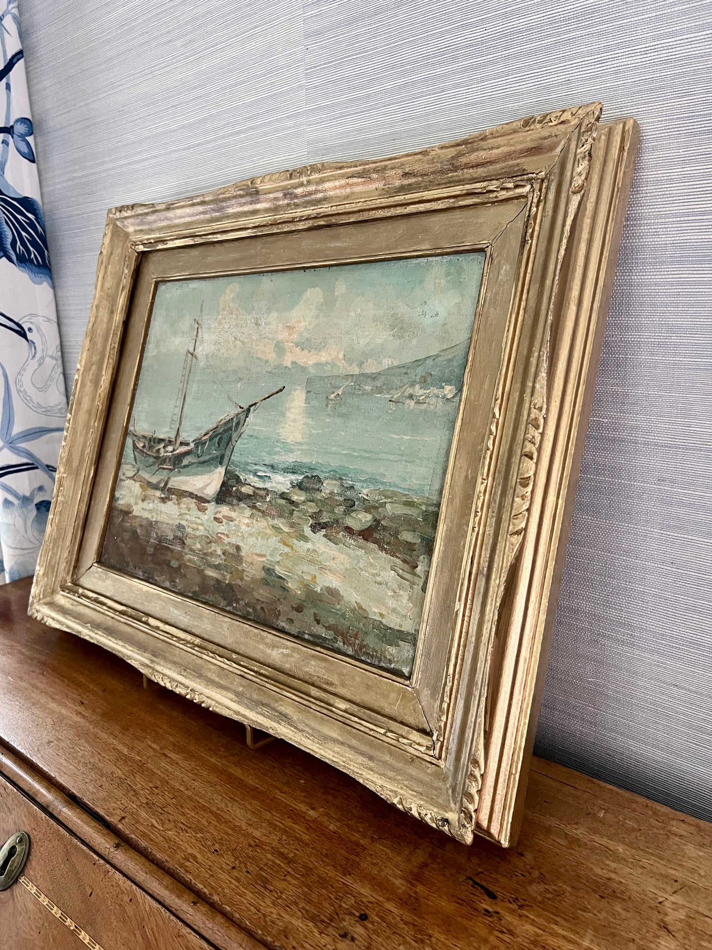 Late 19th Century Impressionist Blue Fishing Boat Seascape Oil Painting in Gold Frame