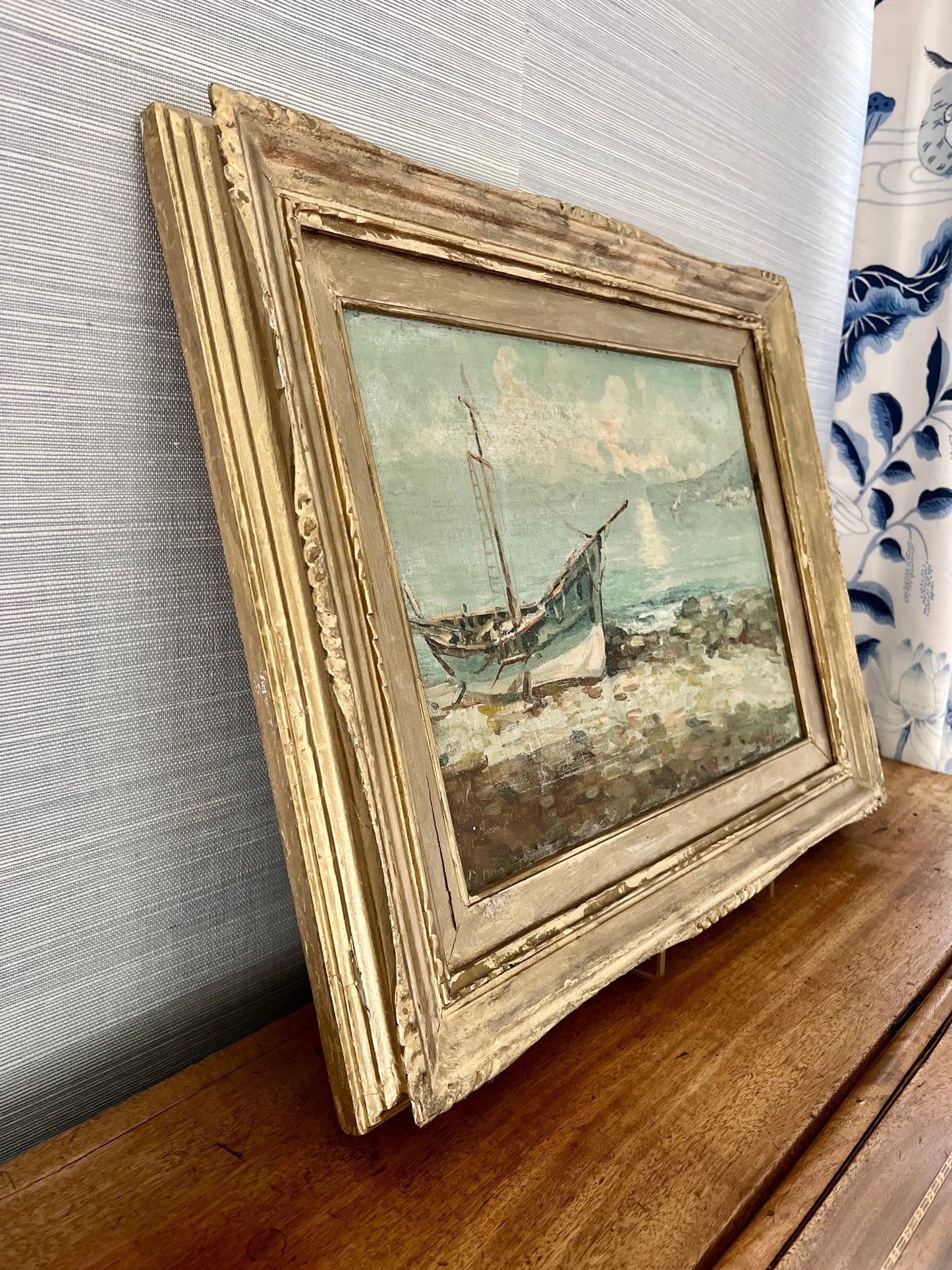 Late 19th Century Impressionist Blue Fishing Boat Seascape Oil Painting in Gold Frame