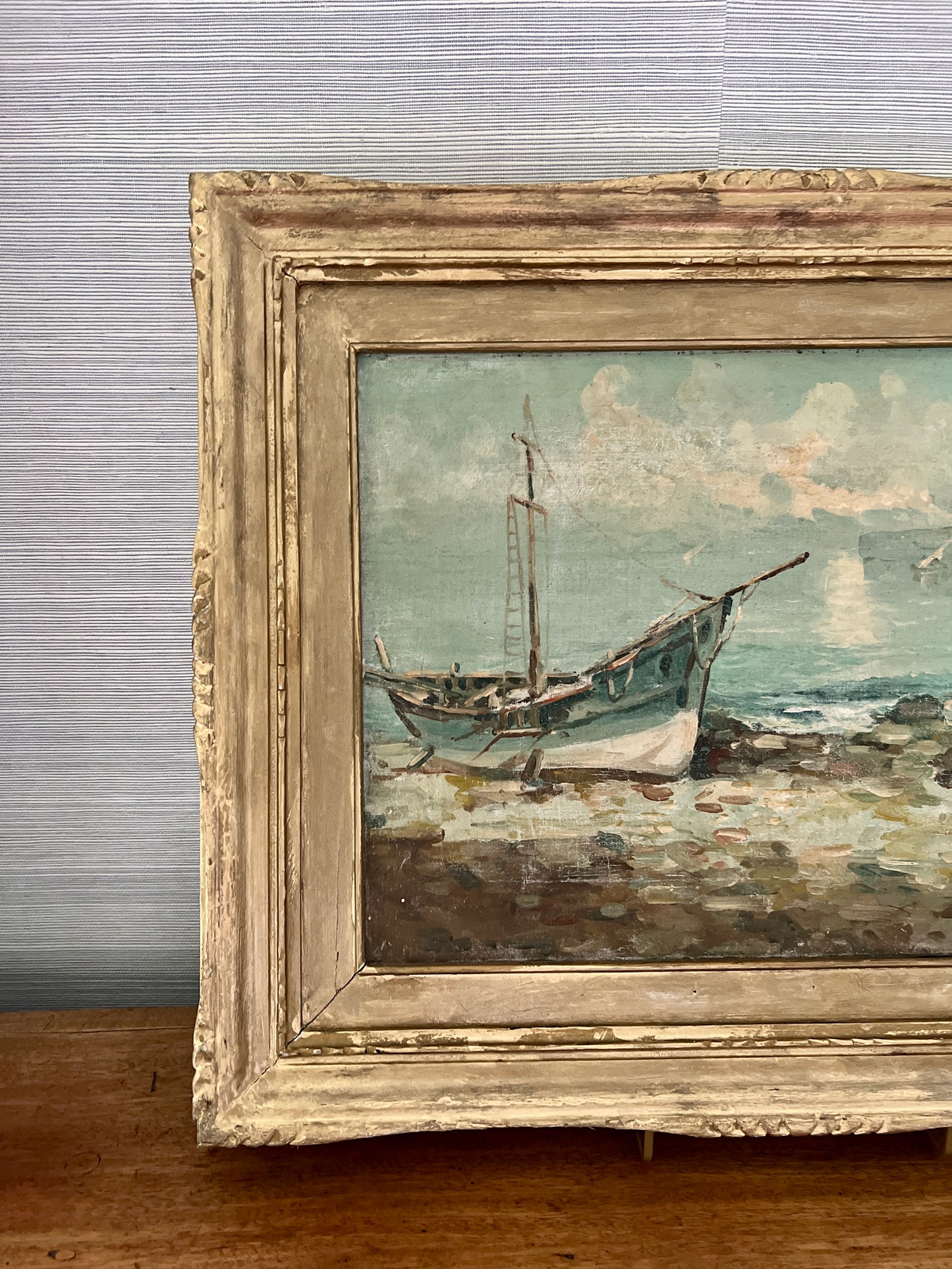 Late 19th Century Impressionist Blue Fishing Boat Seascape Oil Painting in Gold Frame