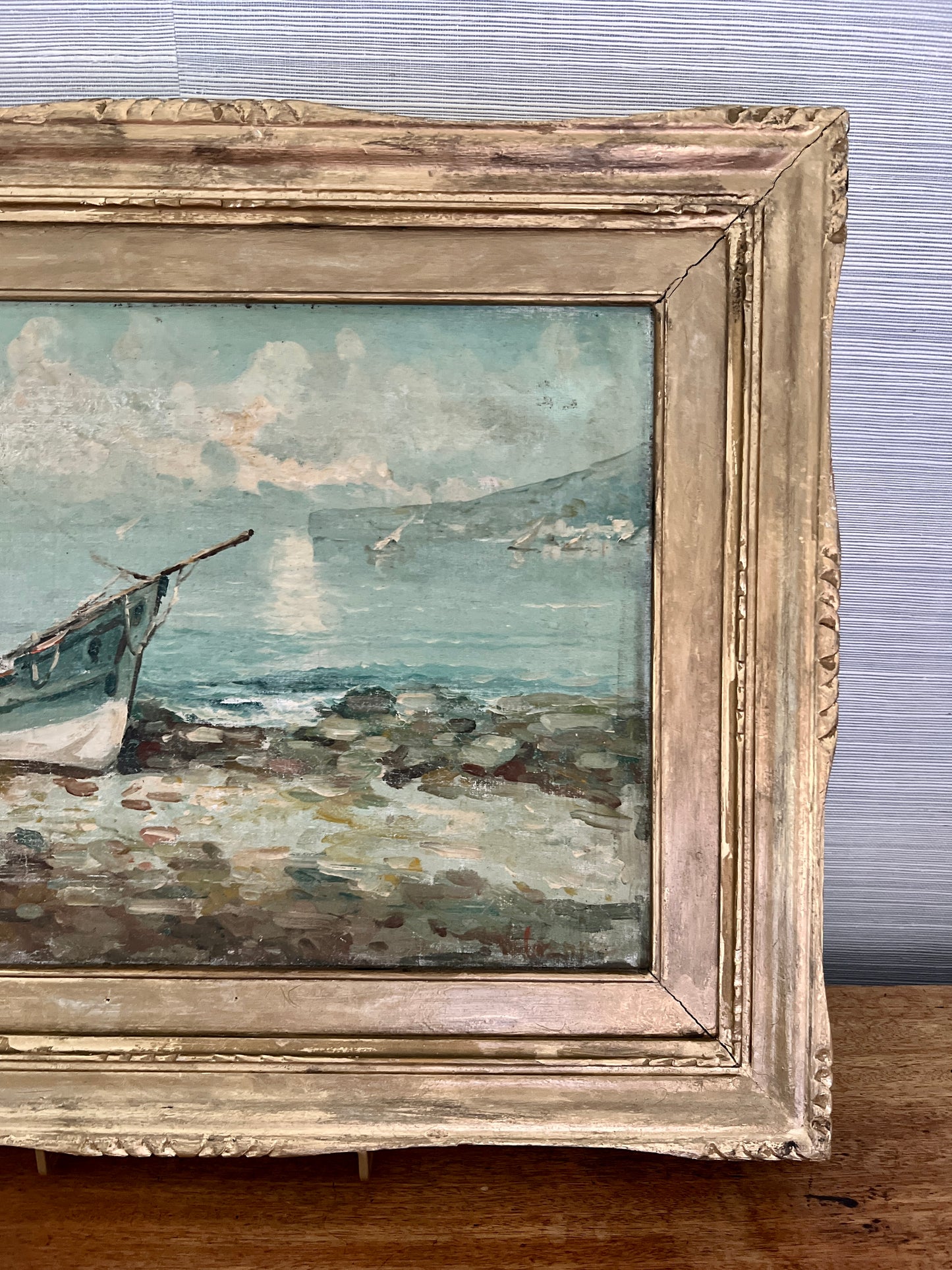 Late 19th Century Impressionist Blue Fishing Boat Seascape Oil Painting in Gold Frame