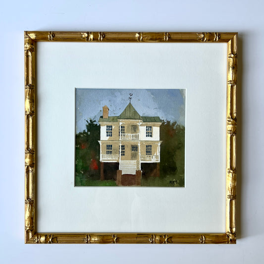 Robert Stack Beaufort House Portrait Gouache Painting in Light Gold Bamboo Frame