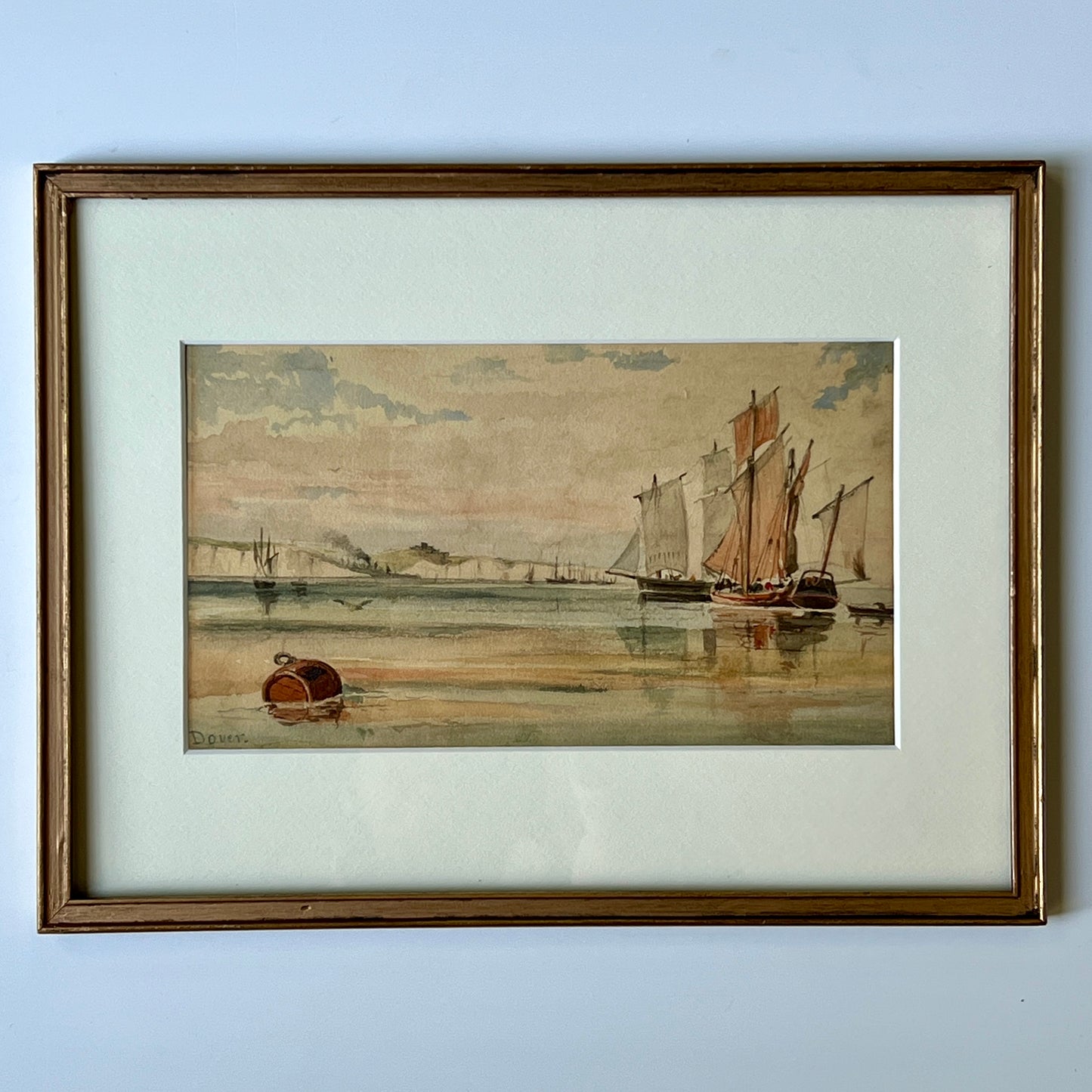 19th Century Tall Sail Ships in Harbor Seascape Watercolor Painting