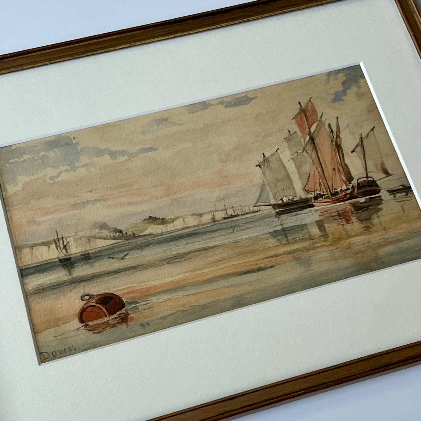 19th Century Tall Sail Ships in Harbor Seascape Watercolor Painting