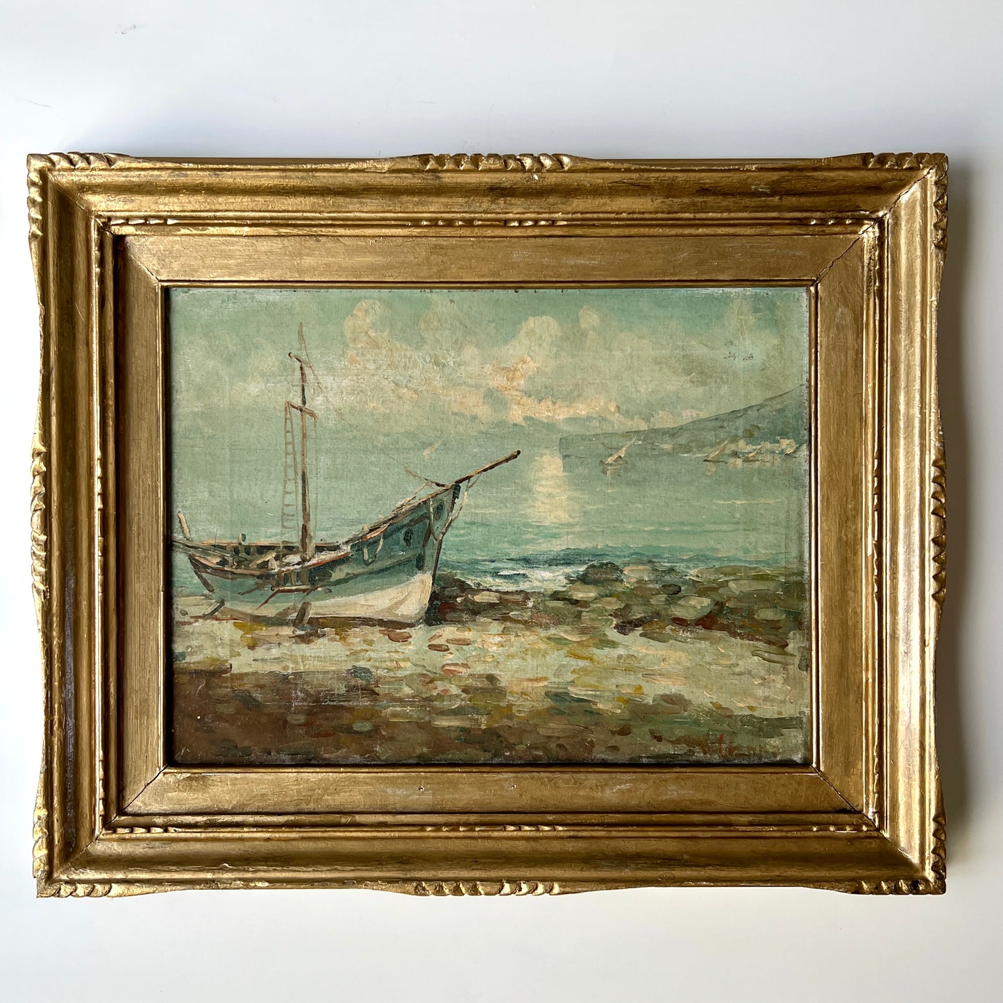 Late 19th Century Impressionist Blue Fishing Boat Seascape Oil Painting in Gold Frame