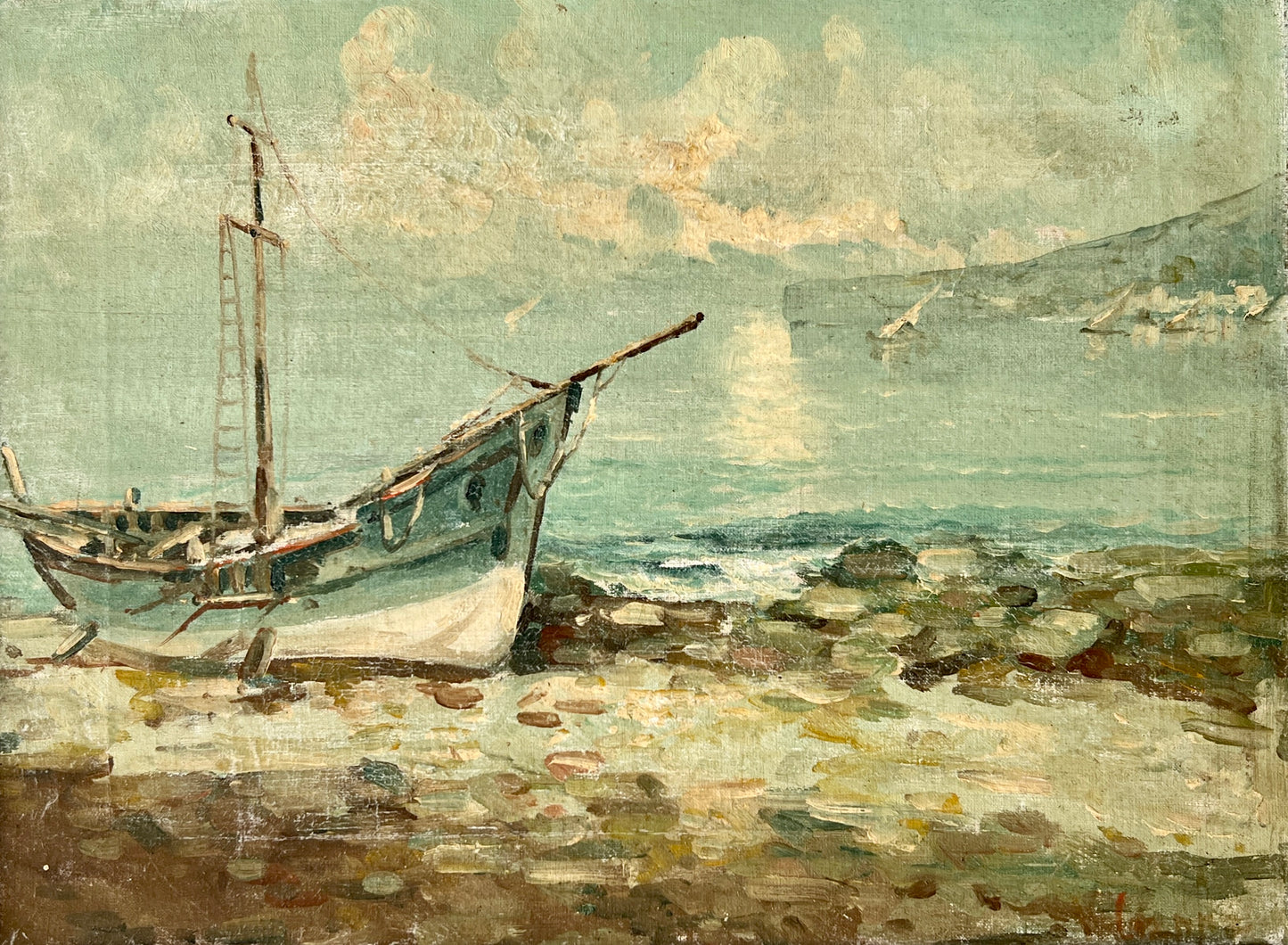 Late 19th Century Impressionist Blue Fishing Boat Seascape Oil Painting in Gold Frame