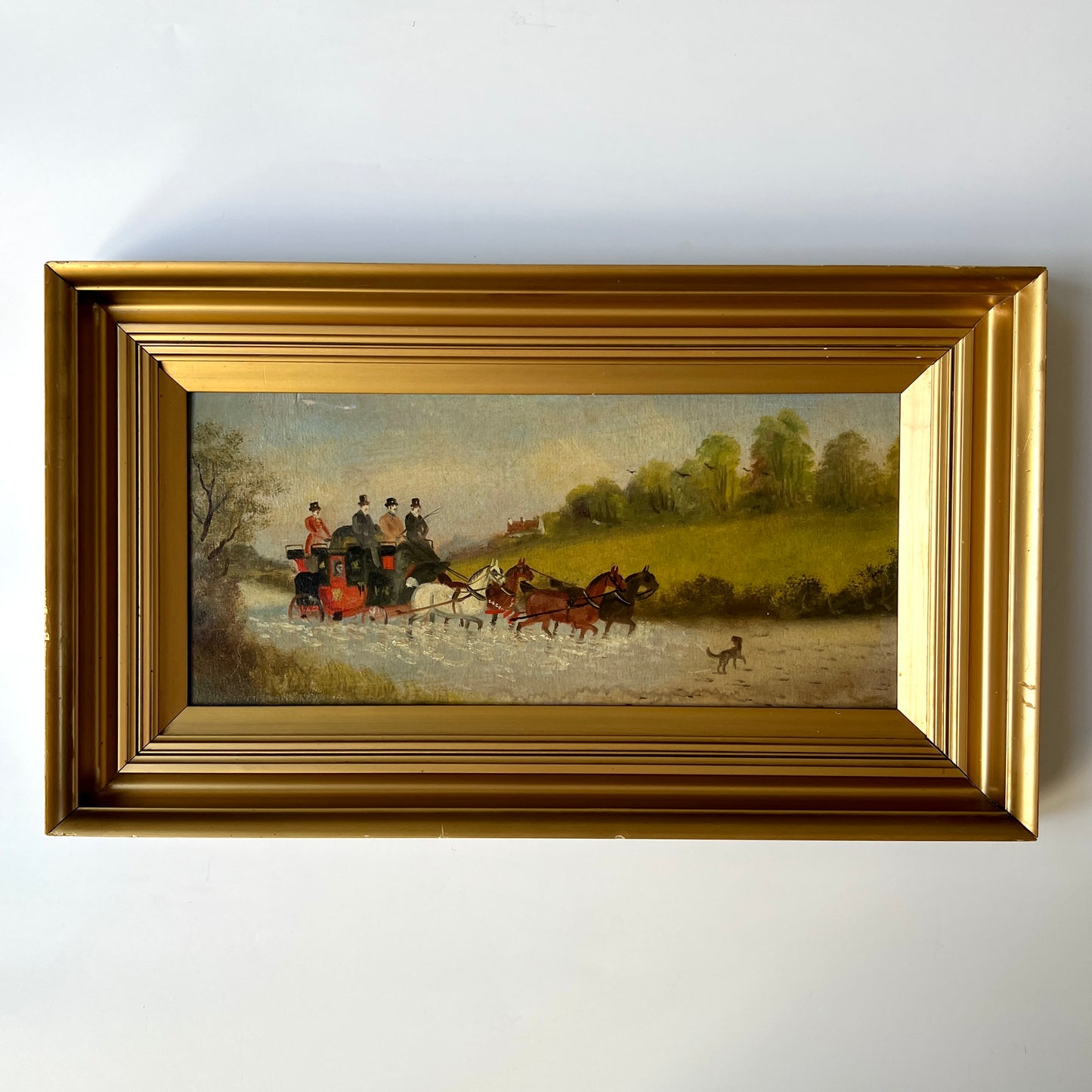 Philip H. Rideout (British, 1850-1920) Horse and Carriage Puddle Jump Oil Painting in Gold Frame