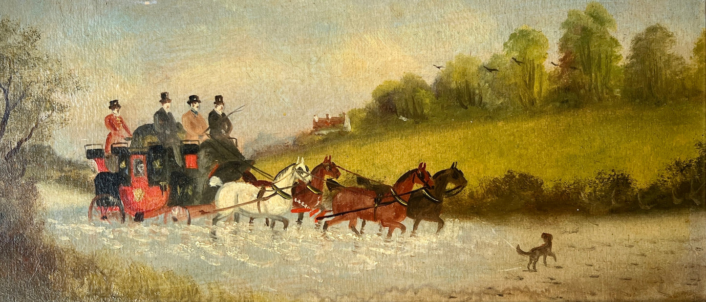 Philip H. Rideout (British, 1850-1920) Horse and Carriage Puddle Jump Oil Painting in Gold Frame