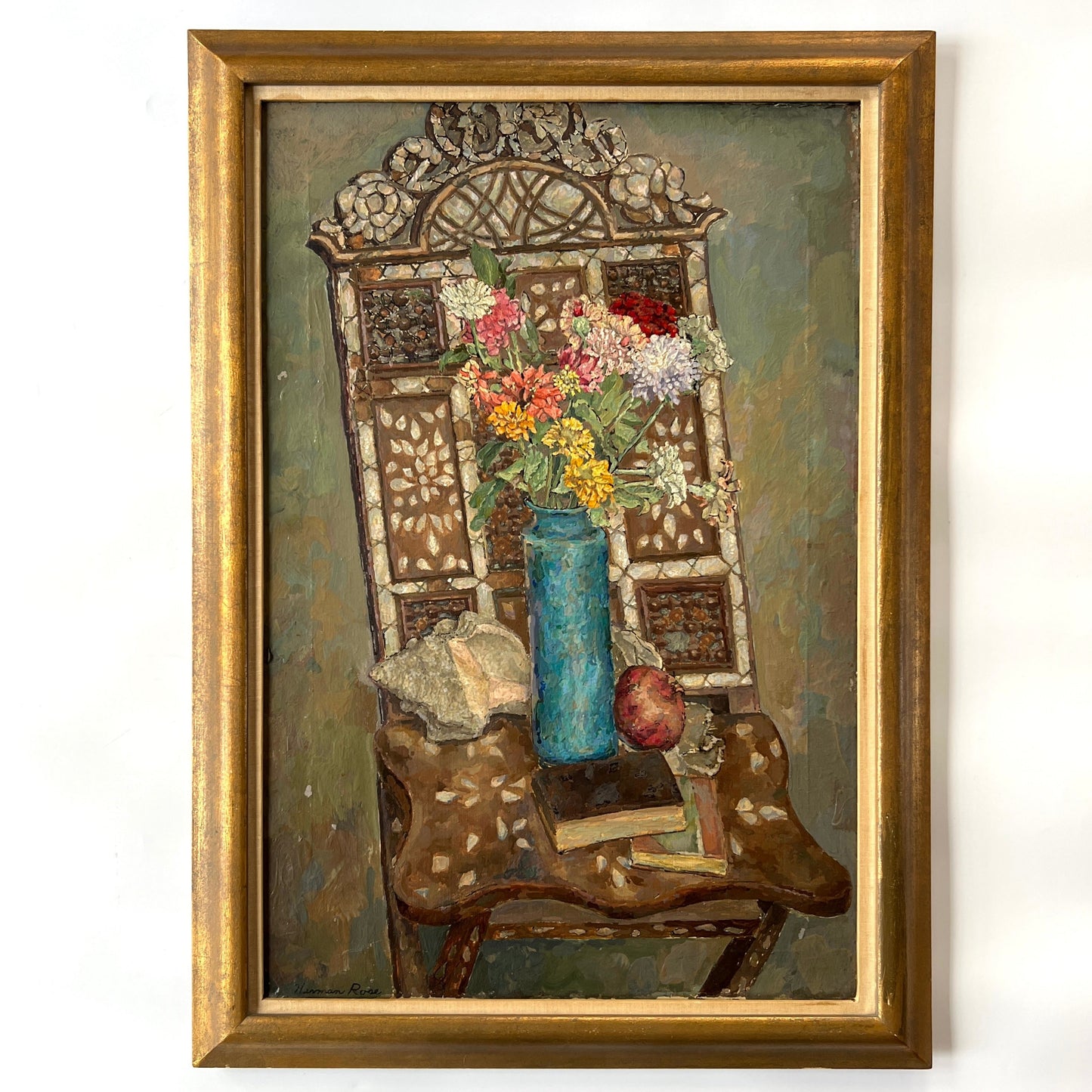 Herman Rose Still Life of Chair, Shell, Pomegranate, Books and Flowers in Gold Frame