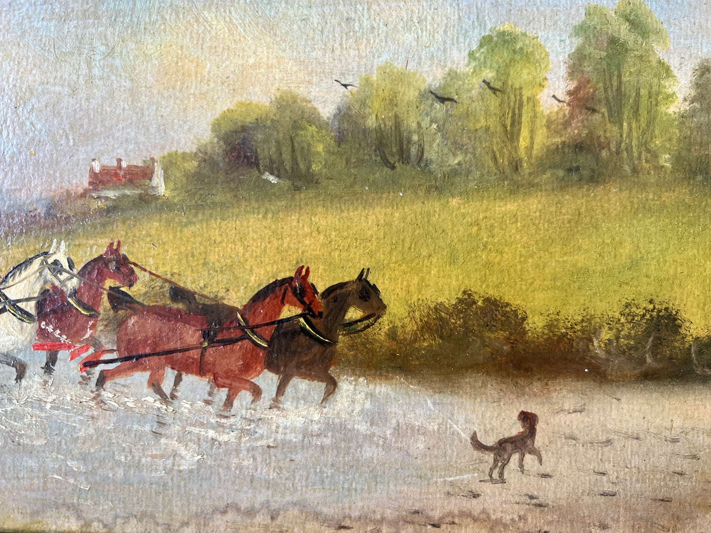 Philip H. Rideout (British, 1850-1920) Horse and Carriage Puddle Jump Oil Painting in Gold Frame