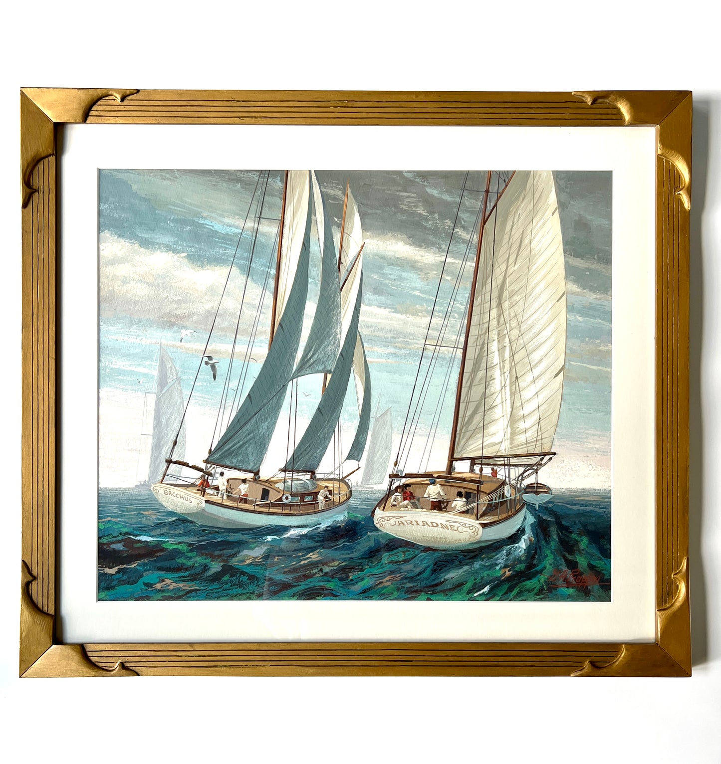 Large Gouache Painting of Bacchus and Ariadne Sailboats in Seascape Carved Gold Frame