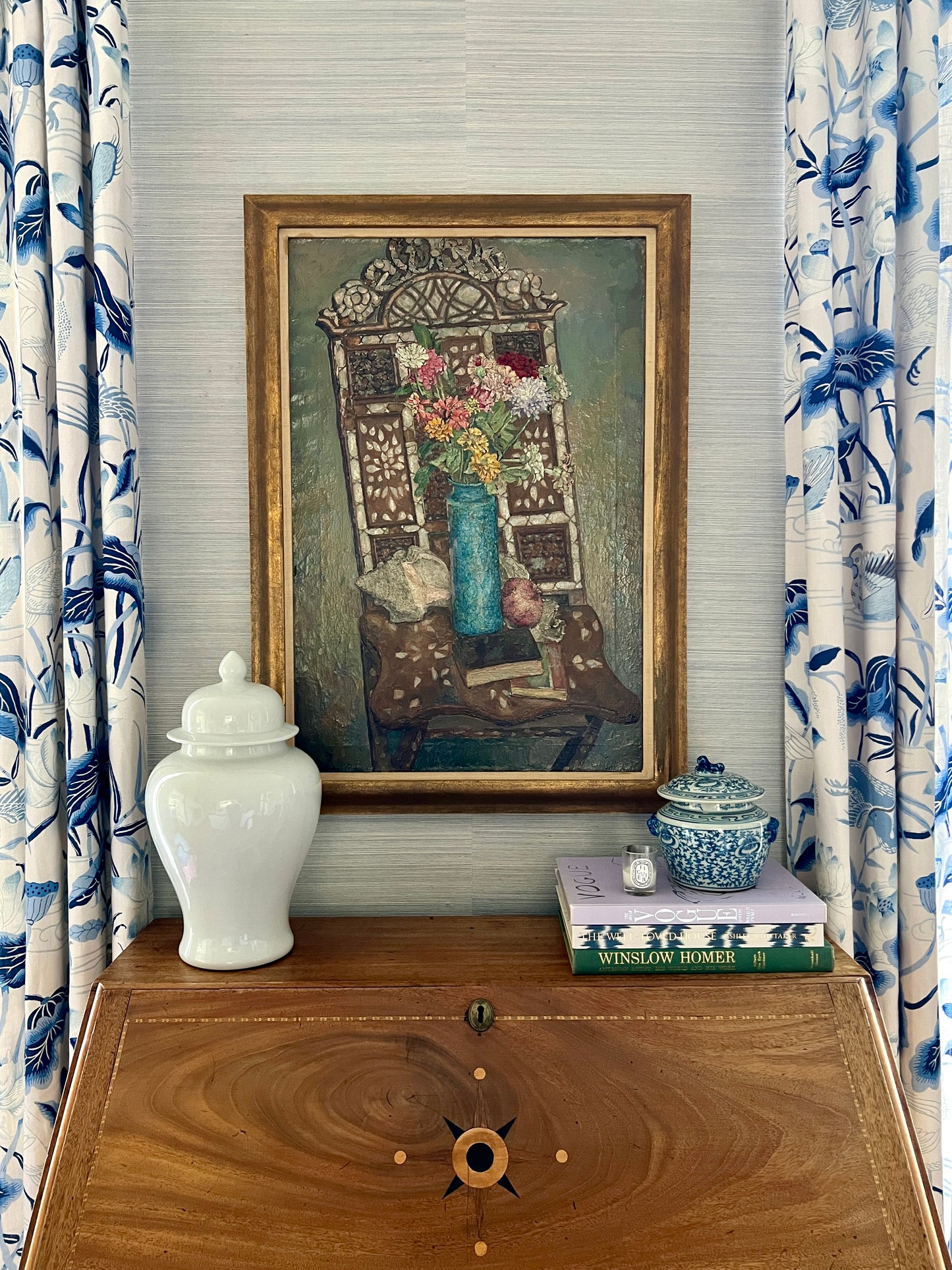 Herman Rose Still Life of Chair, Shell, Pomegranate, Books and Flowers in Gold Frame